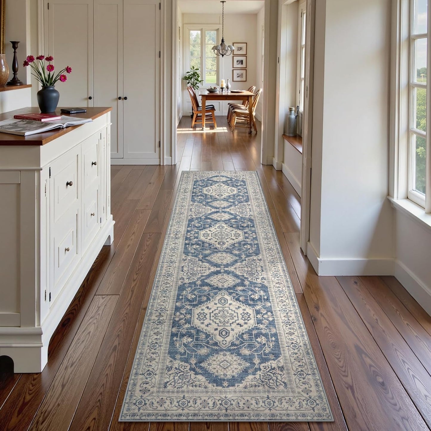Lahome Oriental Hallway Runner Rug Non Slip, 2.5x8 Kitchen Washable Runner Soft Hallway Rug, Traditional Ultra-Thin Carpet for Bathroom Entryway ‎Laundry Room, Blue