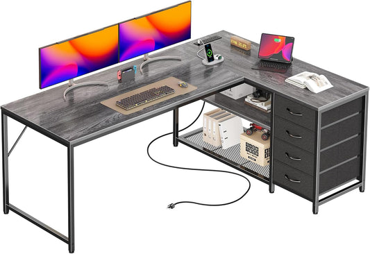 PRAISUN 61" L Shaped Desk with Power Outlets and USB-C Port, Reversible Computer Corner Office Desk with 4 Fabric Drawers and 2 Height-Adjustable Shelves, Large for Gaming Writing Work Study, Grey