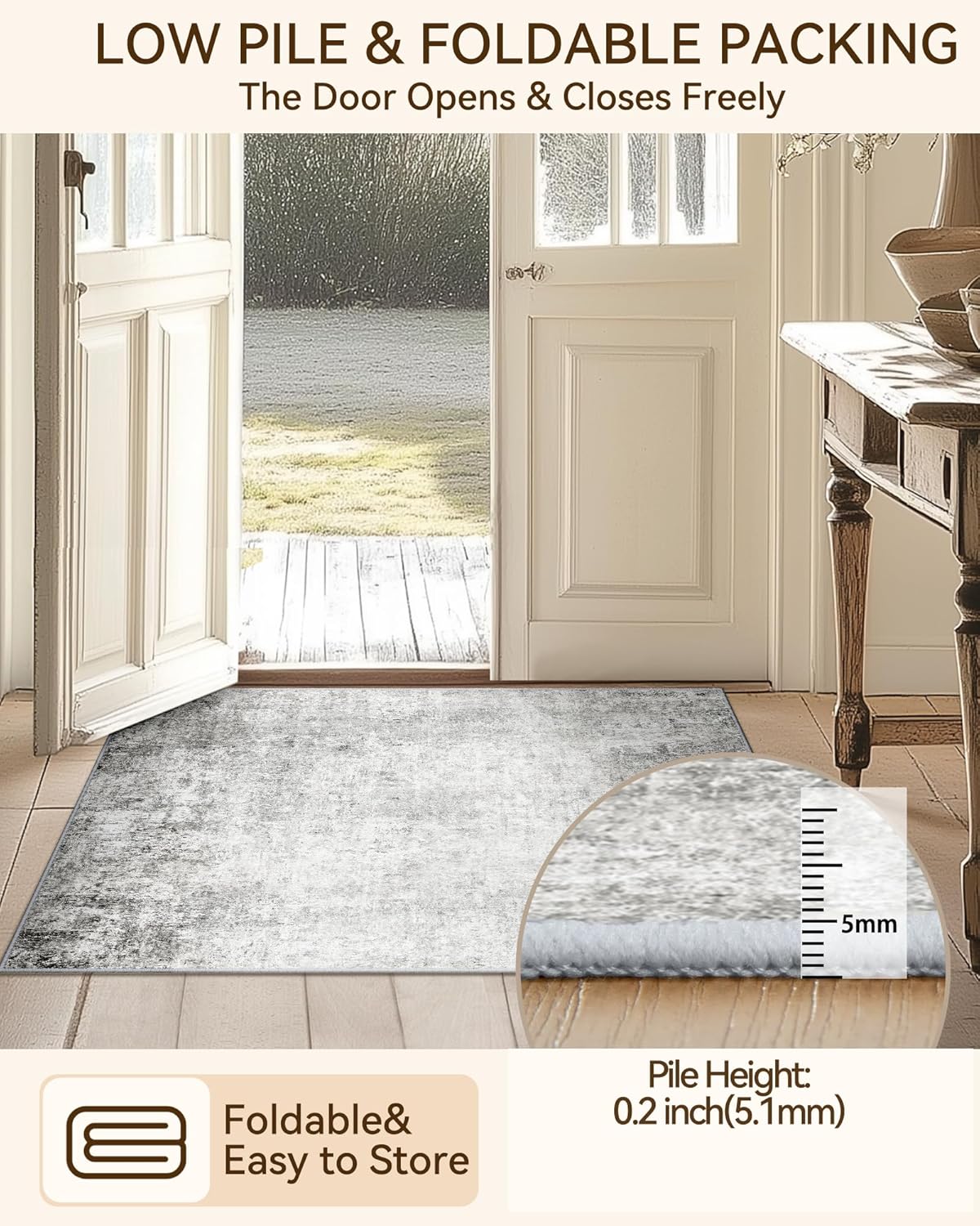 Washable Area Rugs 6'x9' Non-Slip Modern Abstract Soft for Living Room Entryway Bedroom Nursery, Print Pattern, Gray White Grey