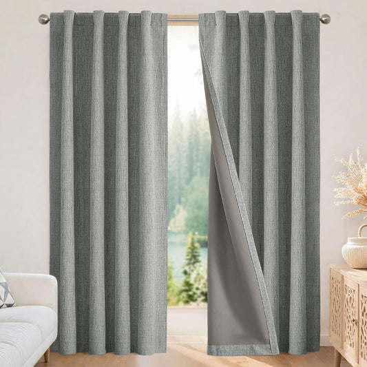 Joydeco 100% Blackout Curtains for Bedroom - Natural Linen Curtains 37" W x 84" L Long, Thermal Insulated 2 Panels Light Grey. Room Darkening Light Blocking Drapes for Living Room