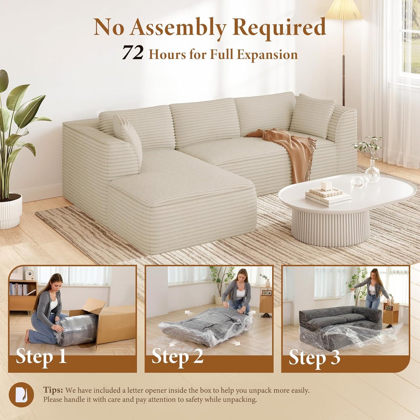 Vesgantti 106" Boneless Couch with Chaise, Deep Seat Comfy Cloud Modular Sofa Corduroy Memory Foam Sectional Couches for Living Room Bedroom, No Assembly Required (Camel, Left-Facing Chaise)