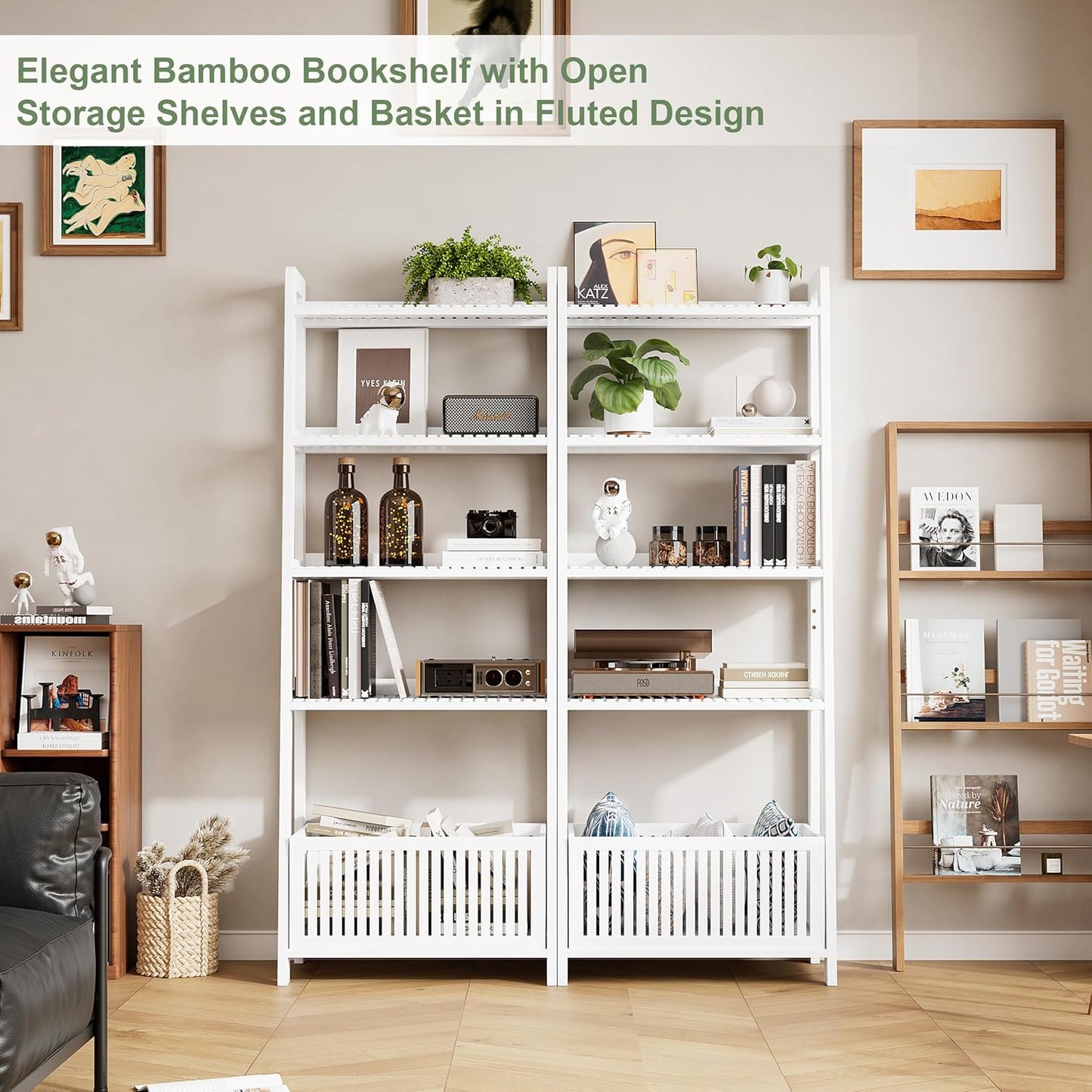 Bamjoy Bamboo White Bookshelf with Slatted Basket, Ladder Bookcase with 4 Display Shelves and 1 Open Storage Basket, Multifunctional Storage Rack Organizer for Home Office, Bedroom, Living Room, 66” H