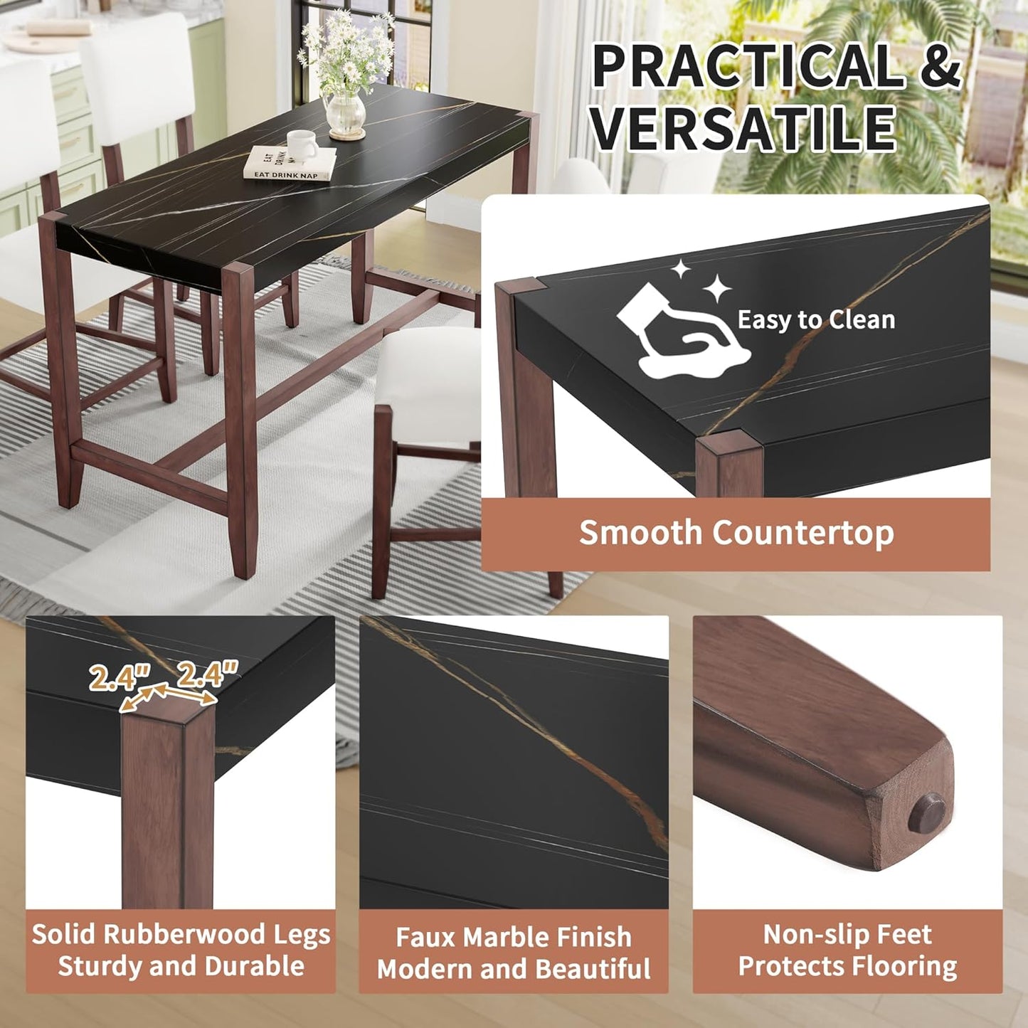 Ball & Cast 5-Piece Dining Table Set for 4,Kitchen Table Set W/Faux Marble Bar Table,Counter Height Living Room Furniture W/ 4 Upholstered Chairs,for Dining Room,Pub Kitchen,Small Place,Black+Beige