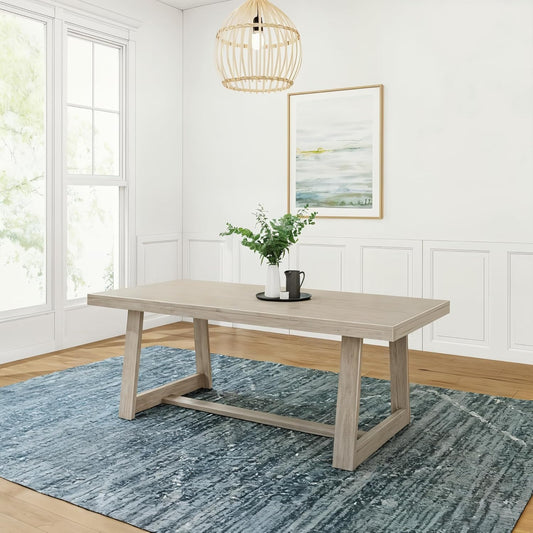 Plank+Beam 84 Inch Farmhouse Dining Table, Solid Wood Rustic Kitchen Table, Large Wooden Rectangular Dinner Table for Dining Room, Home Office, Living Room Furniture, Easy Assembly, Seashell Wirebrush