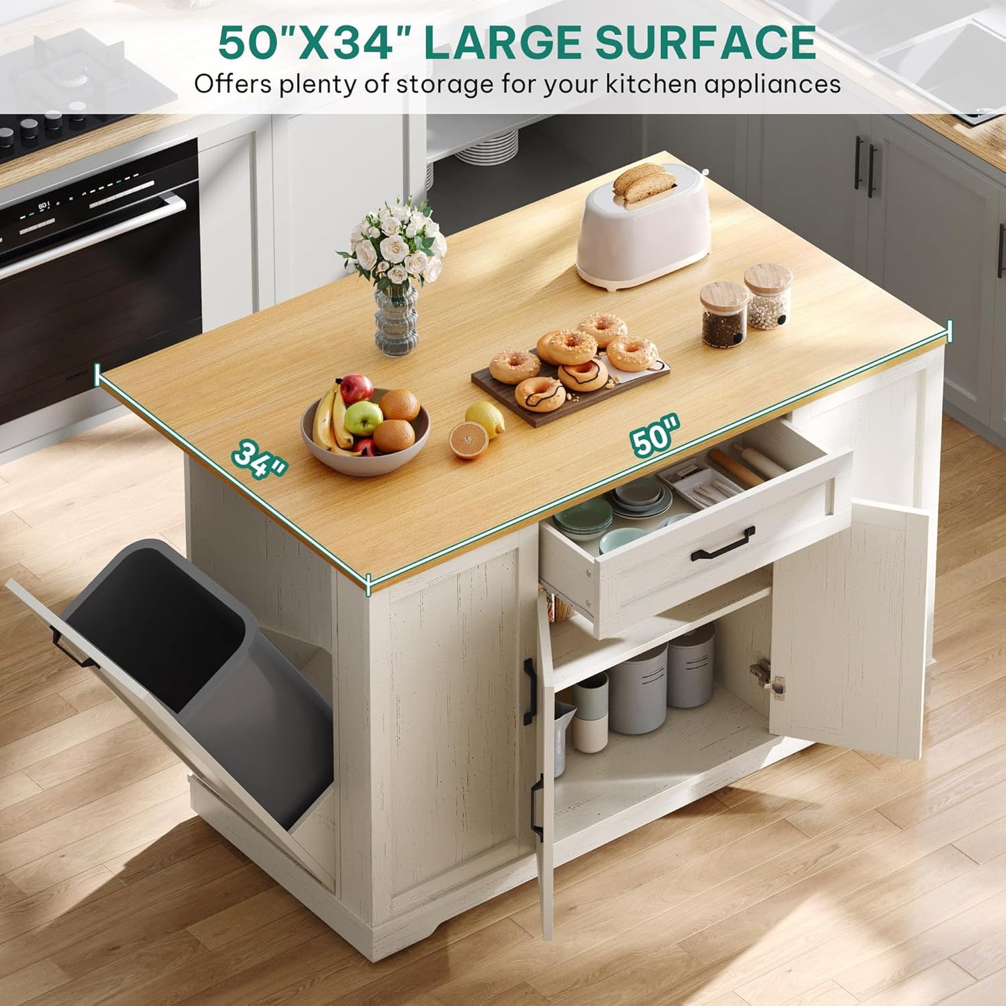 YITAHOME 50" Kitchen Island with Power Outlet & Drop Leaf, Rolling Island Cart with Trash Can Cabinet, Mobile Storage Islands with Microwave Rack, Door Storage Spice Rack, Retro White