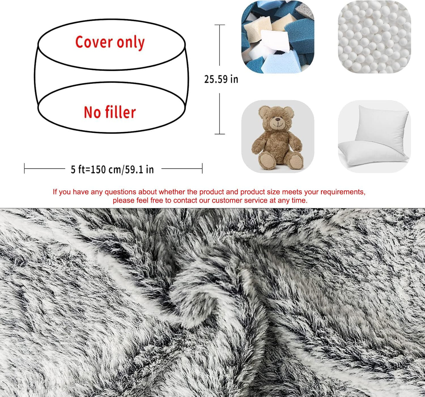 (No Filler) Bean Bag Chair Cover Without Filler,Big Round Soft Fluffy PV Velvet Washable Bean Bag Lazy Sofa Bed Cover for Adults,Living Room Bedroom Furniture Outside,5ft Snow Grey