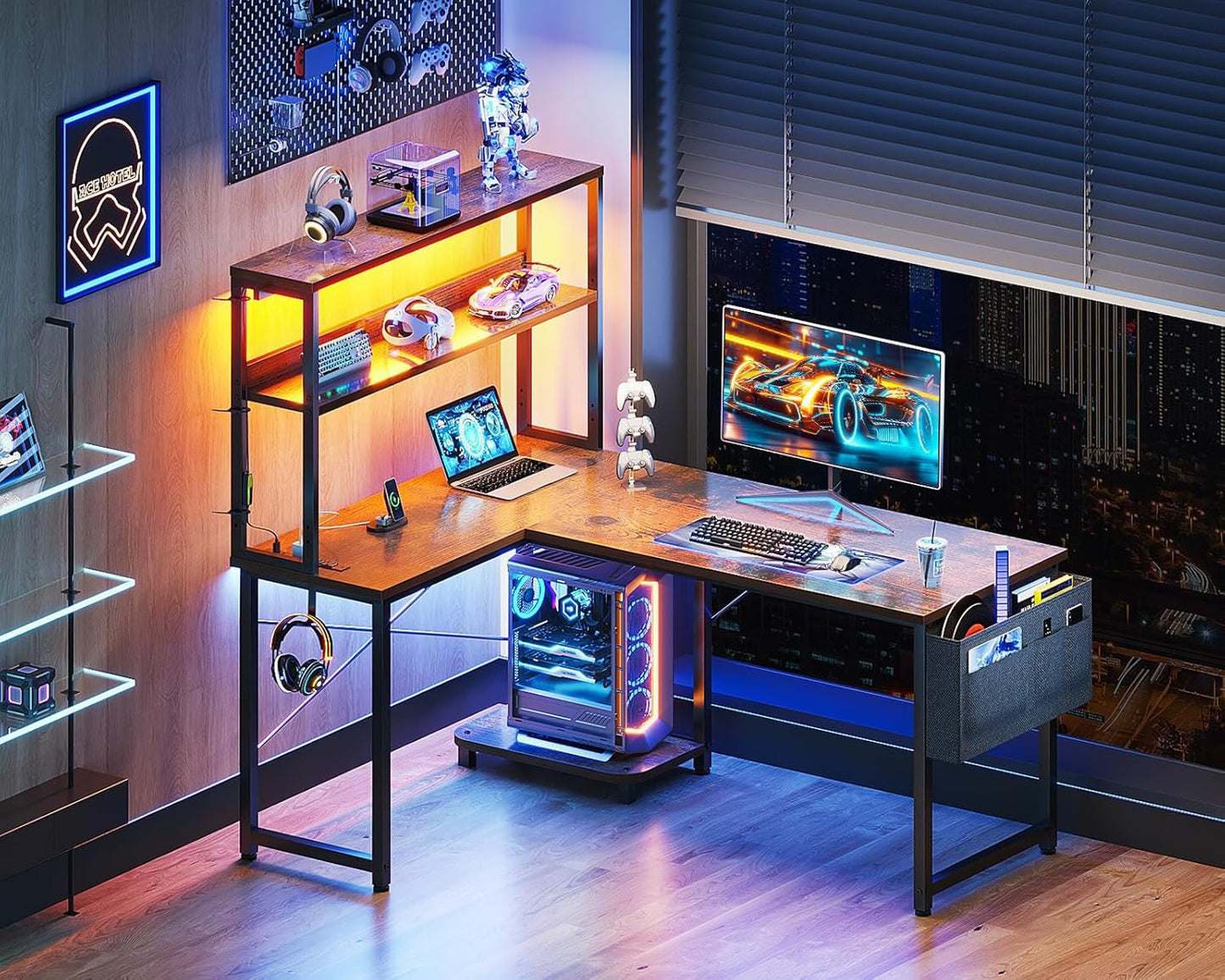 Casaottima Gaming Desk with Power Outlets & LED Lights, 43 Inch Reversible L Shaped Computer Desk with Shelves & Storage Bag, Corner Desk for Home Office, Vintage