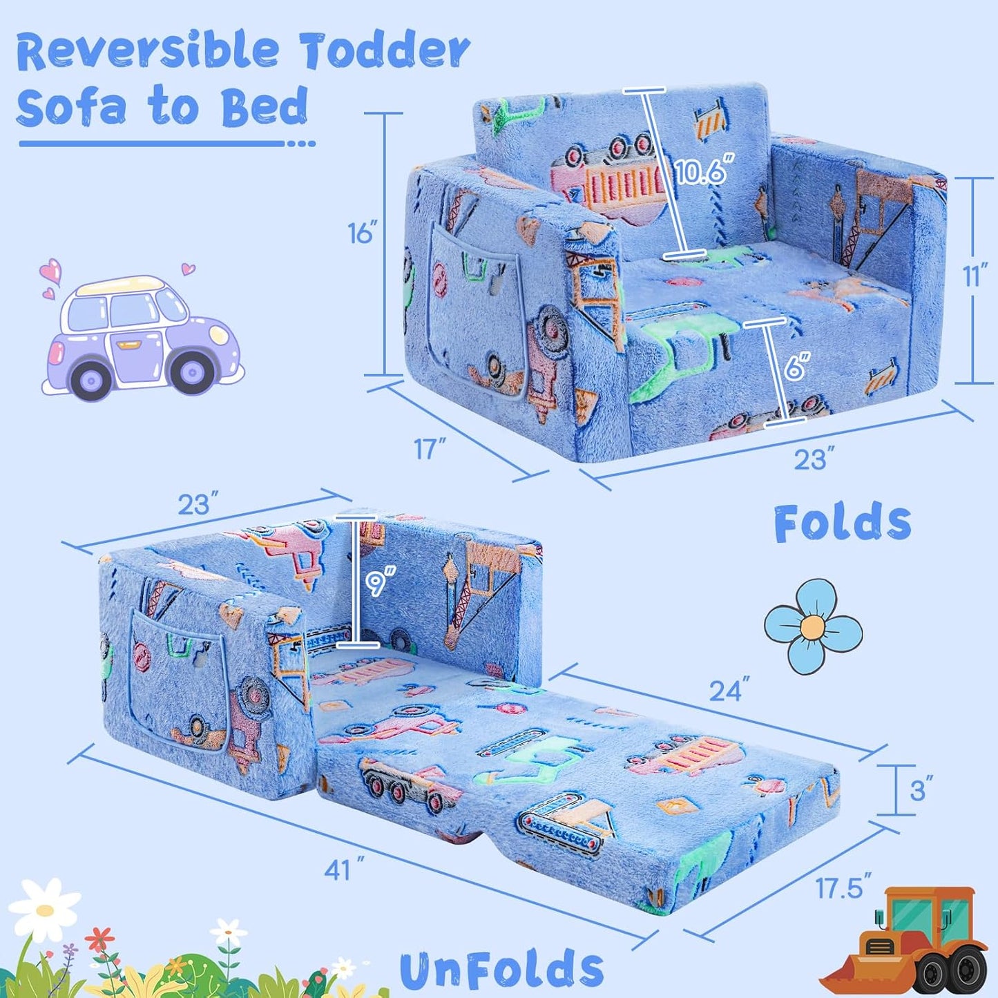 Toddler Chair Comfy,2-in-1 Soft Toddler Couch Fold Out for Kids,Convertible Sofa to Lounger,Gift for Girls and Boys Birthday,Truck