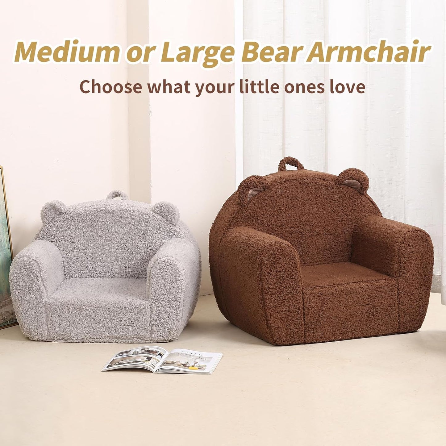 Kids Snuggly-Soft Sherpa Chair, Teddy Bear Cuddly Toddler Foam Chair for Boys and Girls, Grey