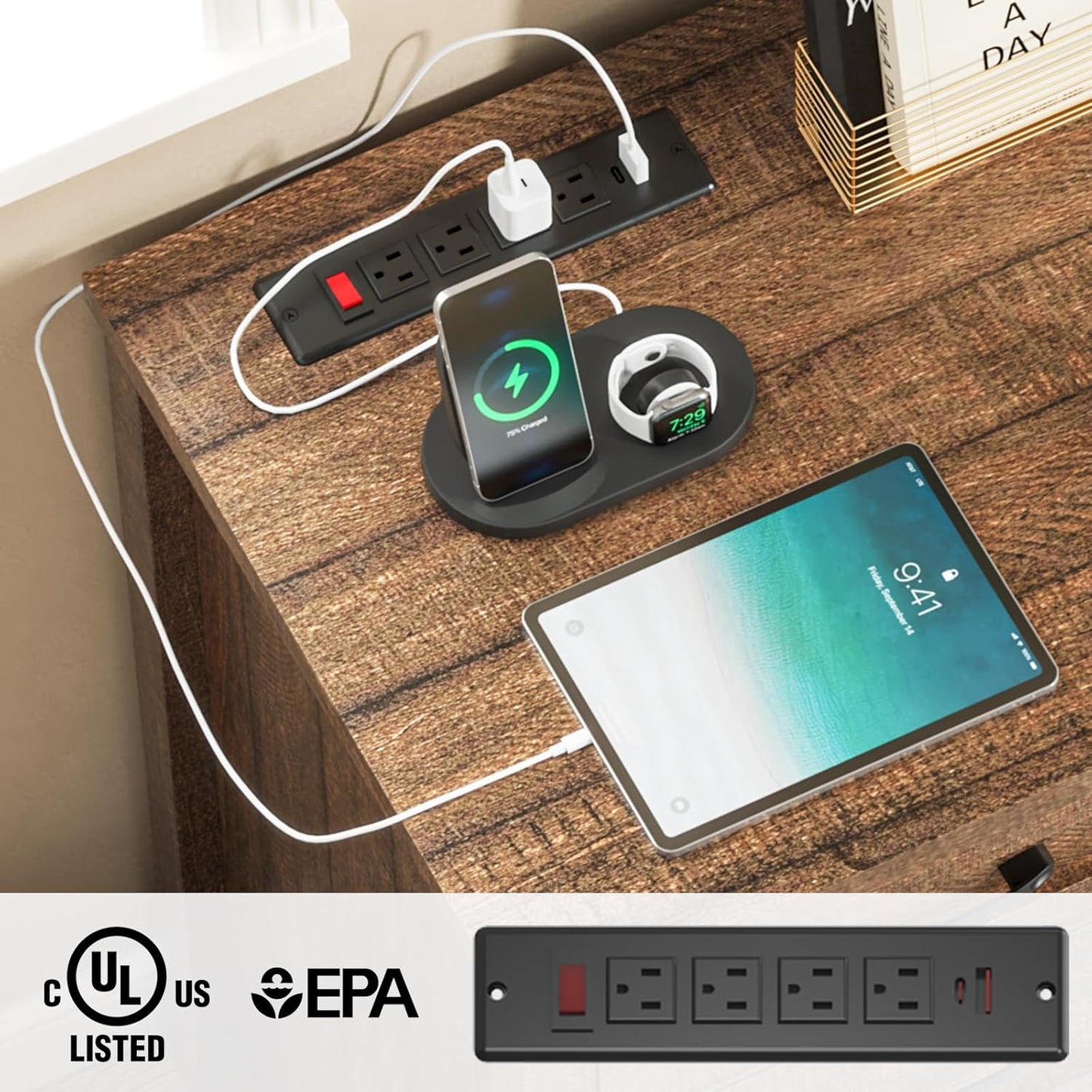 Farmhouse 61'' Executive Desk with 5 Drawers, Rustic Office Desk Computer Desk with Charging Station, File Drawers and Storage Cabinet, Wood Workstation for Study and Home Office, Red-Brown.