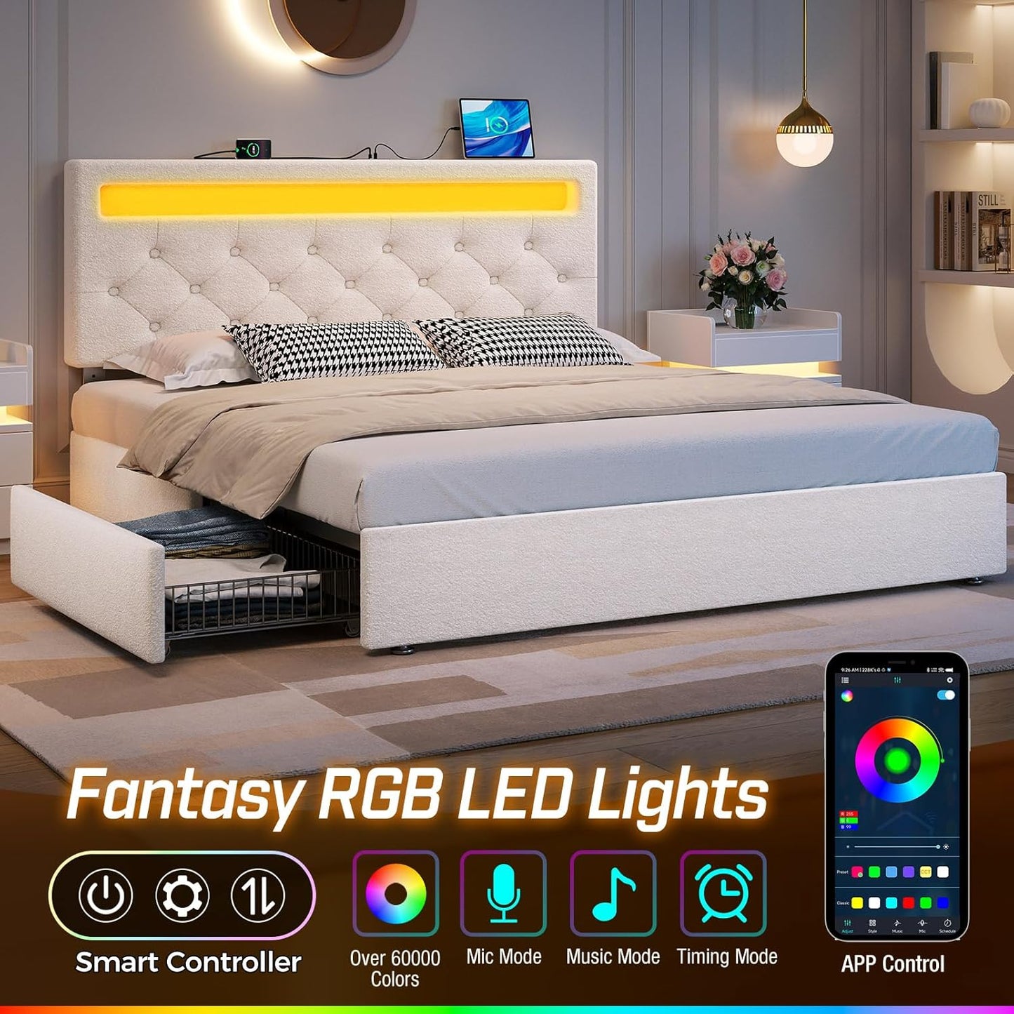 Rolanstar Queen Bed Frame with 4 Storage Drawers and Charging Station, Queen Bed with Led Lights, 2 USB & 1 Type C, Adjustable Headboard 38.9/40.10 Inches, No Box Spring Needed, White