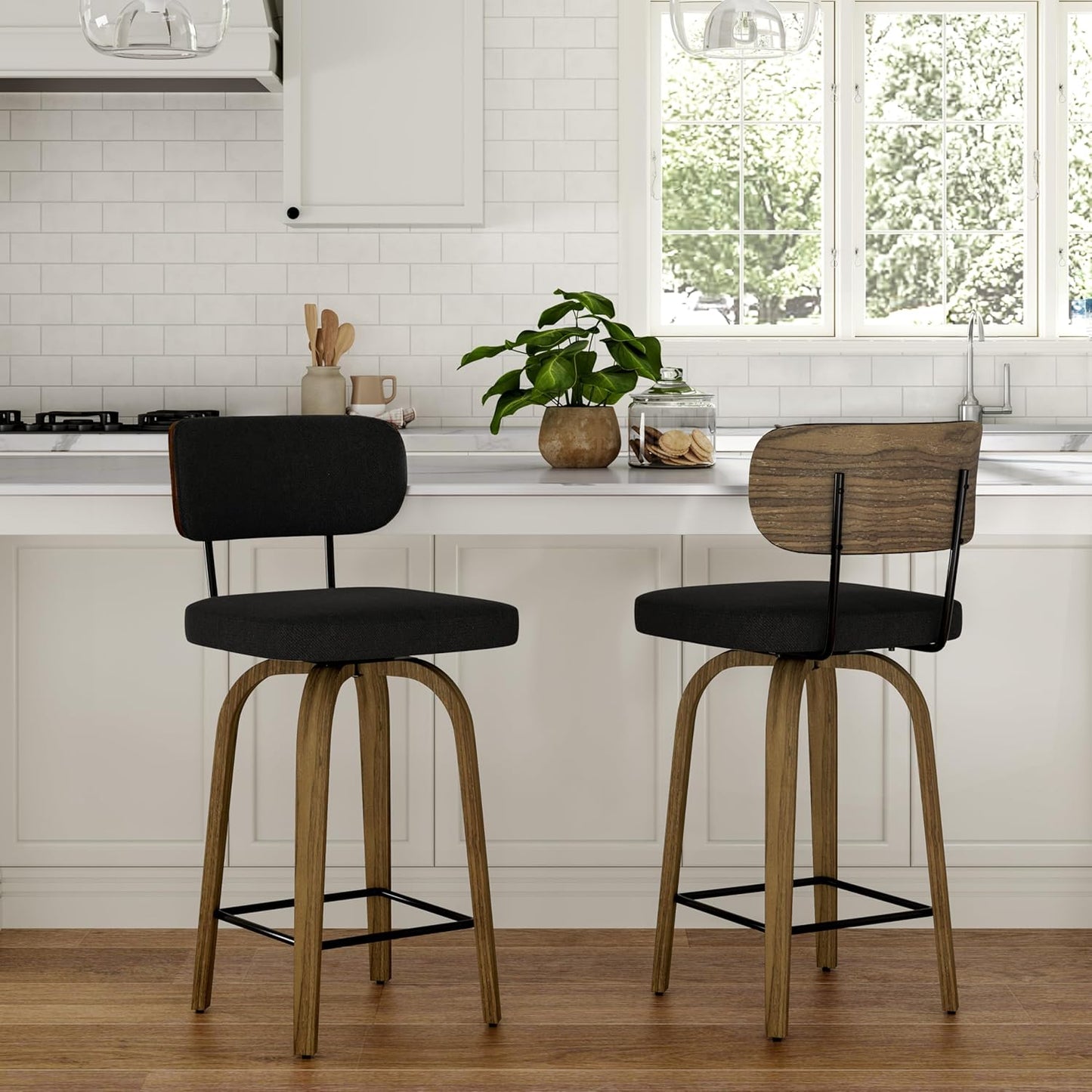 Swivel Counter Height Bar Stools with Back Set of 2, 26" Fabric Upholstered Kitchen Bar Stools with Wood Legs and Metal Footrest for Kitchen Island (Black Fabric)