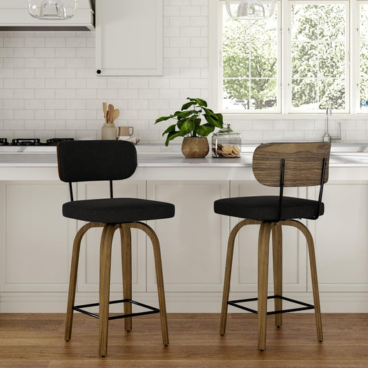 Swivel Counter Height Bar Stools with Back Set of 2, 26" Fabric Upholstered Kitchen Bar Stools with Wood Legs and Metal Footrest for Kitchen Island (Black Fabric)