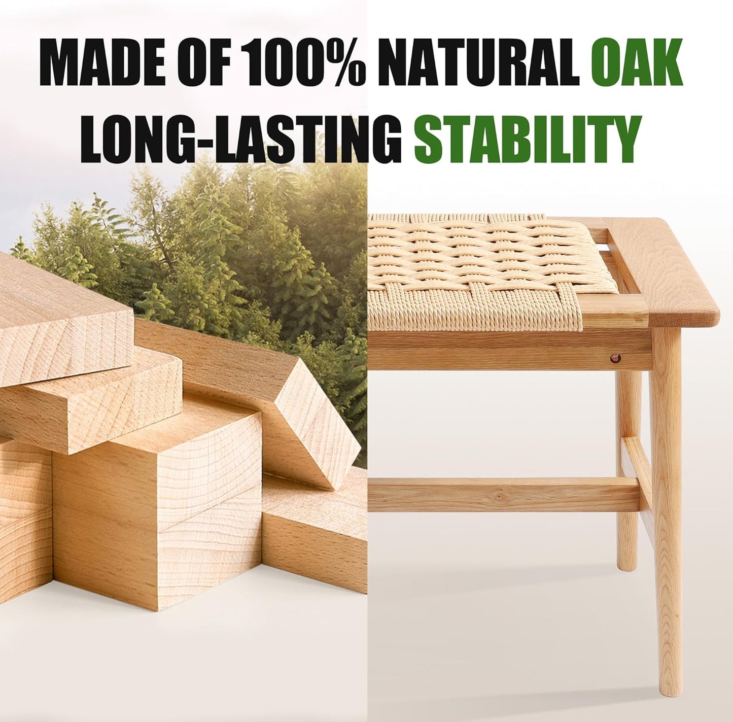 33.5" L Wood Dining Bench Indoor, 100% Natural Solid Oak Bed Bench Hand Woven Enterway Bench Small Bench for Dining Room, Bedroom, Kitchen (Natural)