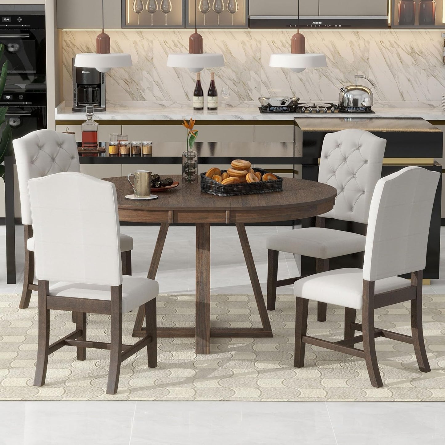 Ball & Cast 5 Piece Dining Table Set with 4 Upholstered Chairs,Living Room Furniture W/ 42" Table,Tabletop Can be Adjusted from Round to Oval in Shape,for Restaurant,Home Bistro,Walnut