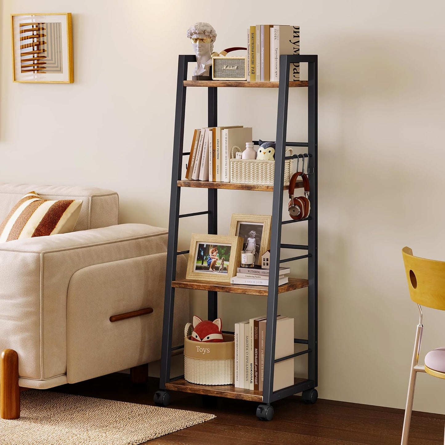 4 Tier Kitchen Storage Cart with Lockable Wheels & 6 Hooks, Mobile Utility Organizer Rolling Cart for Small Spaces, Bar Cart for Kitchen and Living Room, Rustic Brown