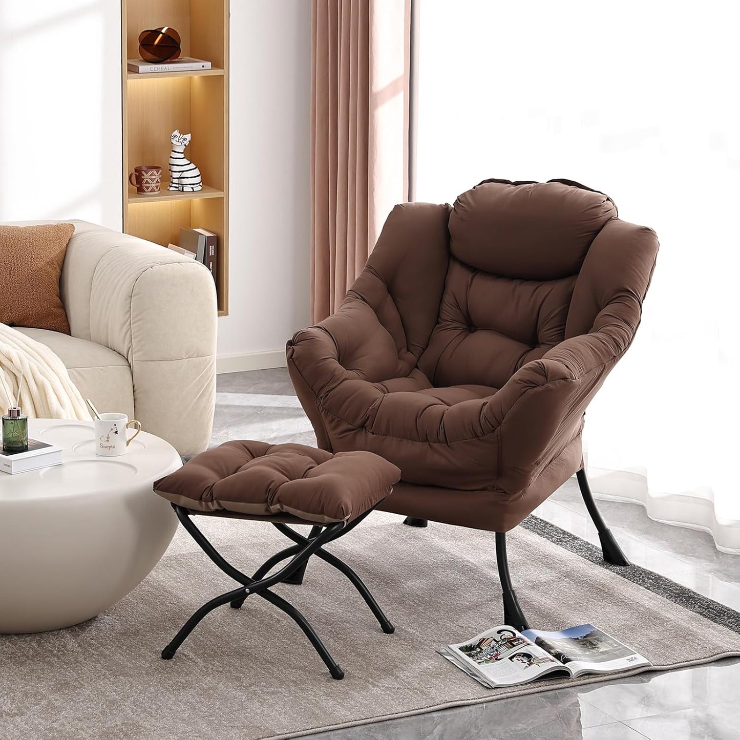 Lazy Chair with Folding Ottoman, Modern Accent Lounge Armchair with Armrests and a Side Pocket & Foldable Footstool, Leisure Reading Chair for Living Room, Bedroom, Dorm & Office, Dark Brown