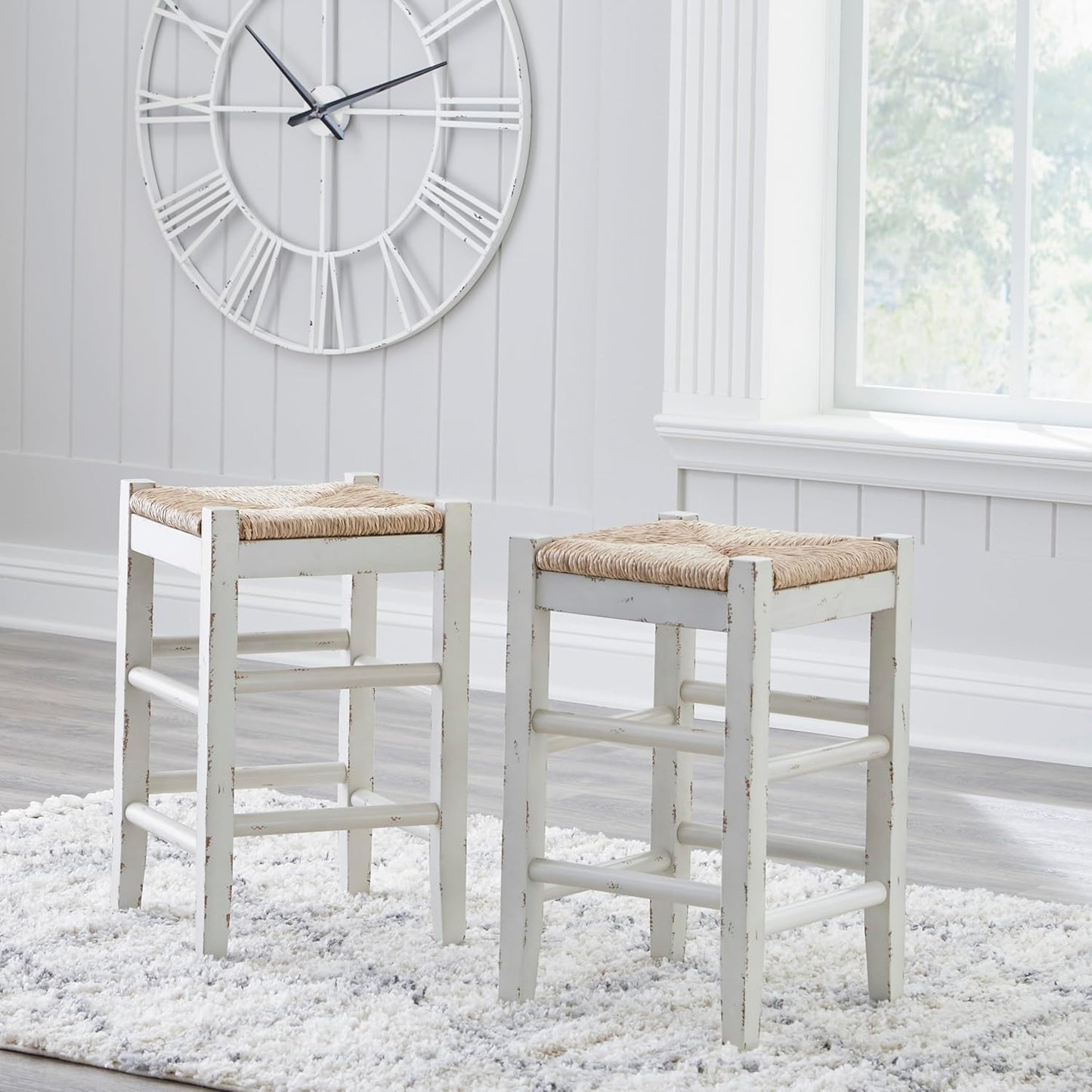 Signature Design by Ashley Mirimyn Farmhouse 23.63" Counter Height Bar Stool with Woven Wicker Seats, 2 Count, White & Light Brown
