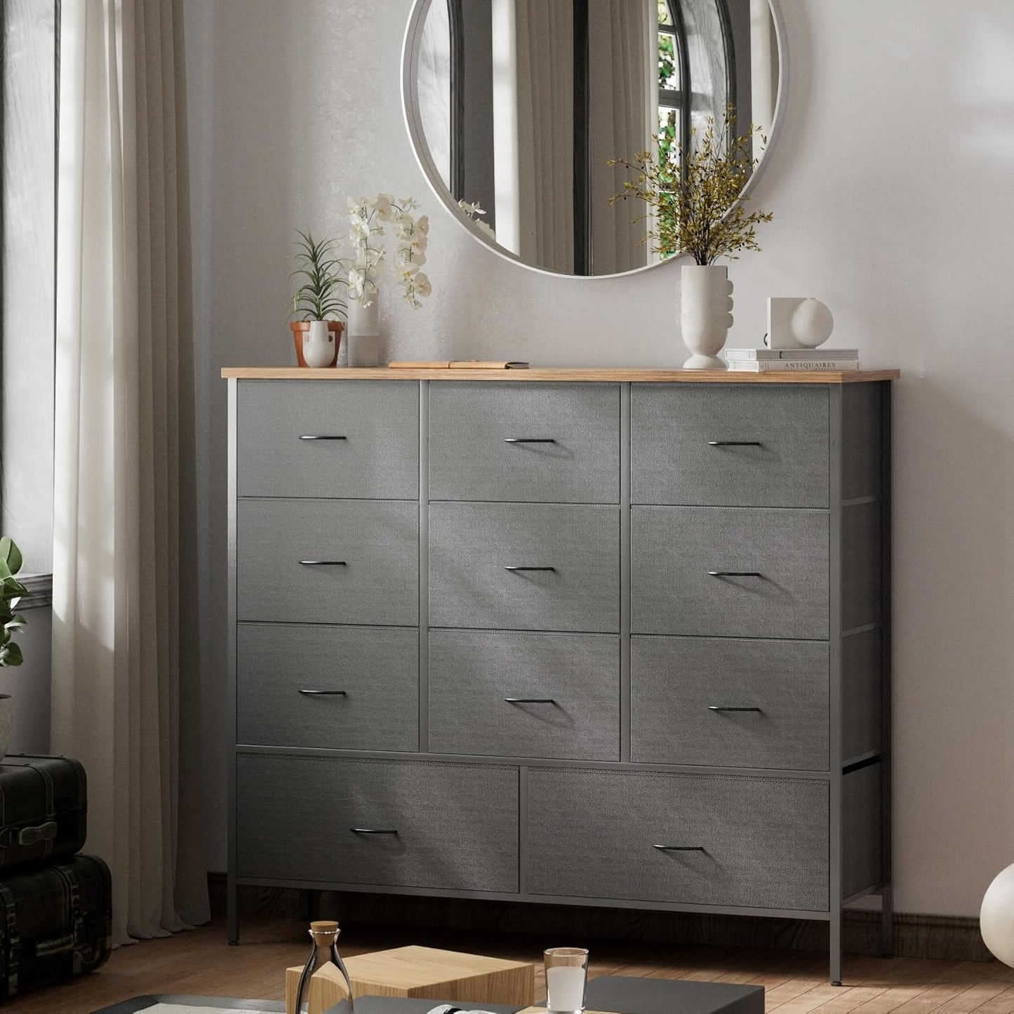 43.3" Wide Fabric Dresser for Bedroom, Chest of Drawers with 11 Deep Drawers, Multi-Drawers TV Stand TV Console, Storage Organizer for Closet, Nursery (Black)