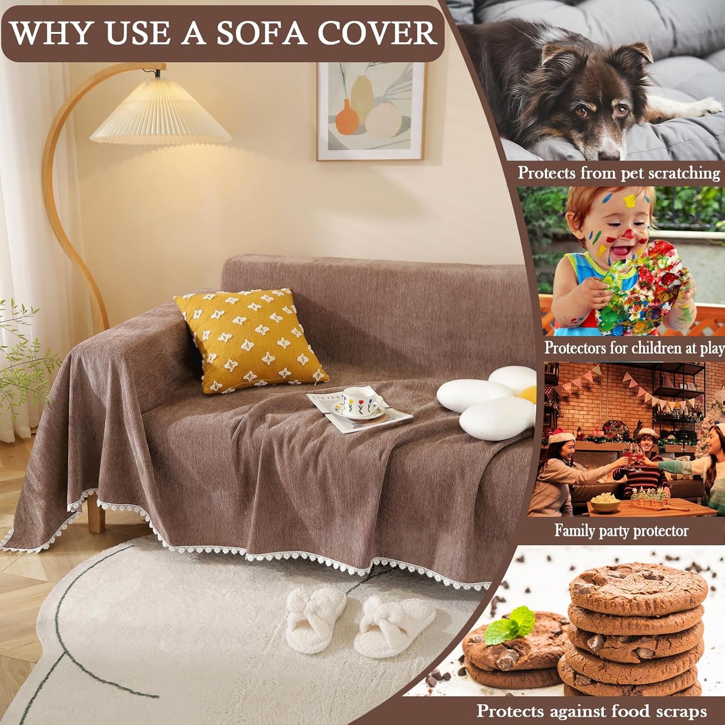 HANDONTIME Brown Sofa Covers Simple Couch Cover for Pet White Floral Couch Cushion Covers for L Shape Chocolate Sofa Throw Cover Sectional Couch Covers for Living Room Machine Washable, 71" X134"