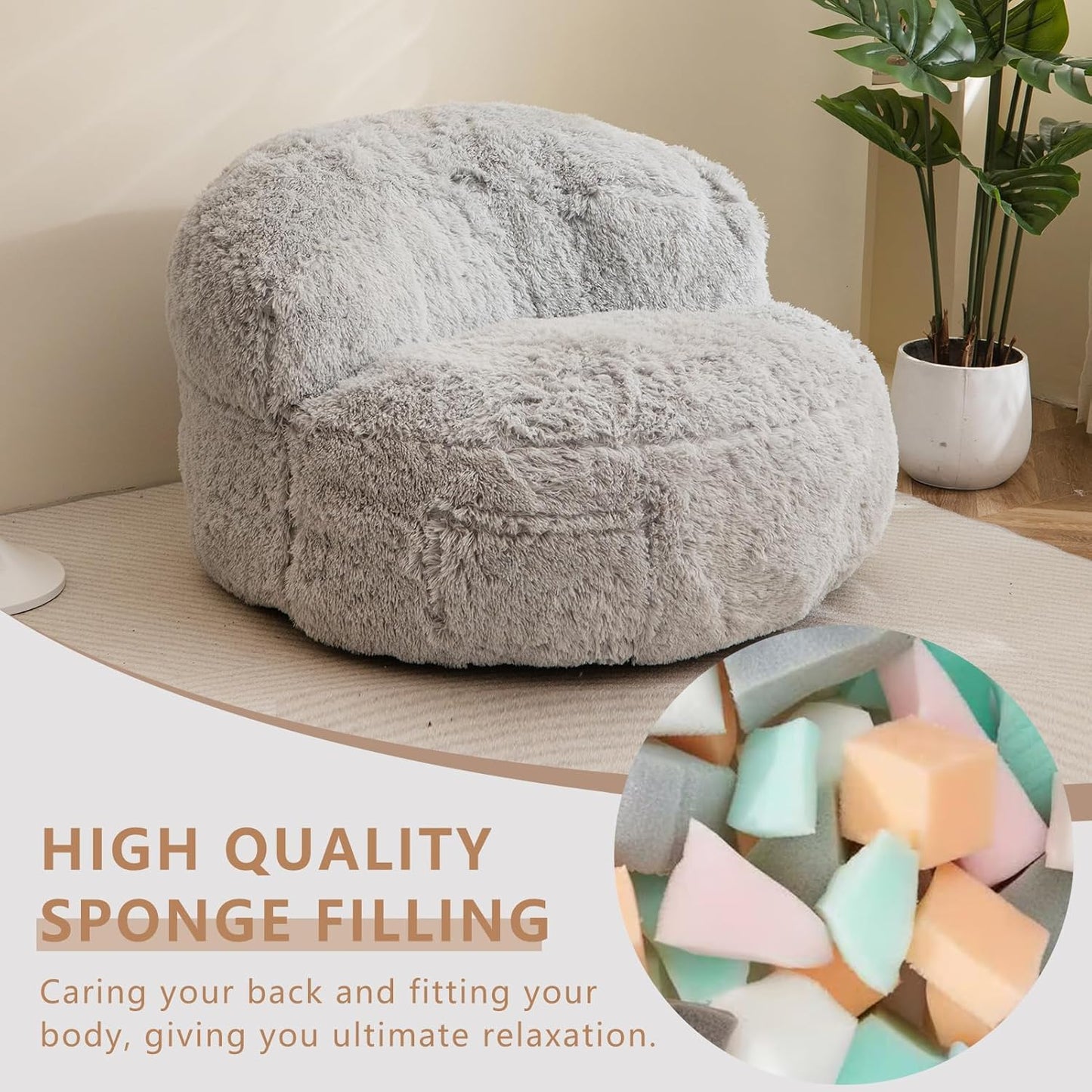 BYBYME Giant Bean Bag Chair, Faux Fur Bean Bag Couch with Filler Large Living Room Bean Bag Chairs for Adults, Big Lazy Sofa Accent Chair with Pocket Floor Chair