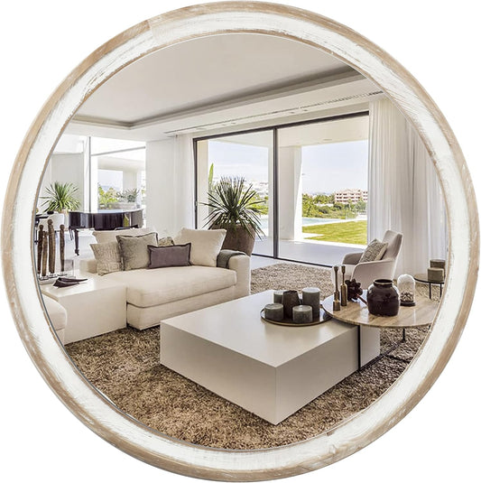 24 Inches Wooden Round Wall Mirror for Bathroom Vanity, Farmhouse Decorative Circle Mirrors with Whitewash Edge, for Bedroom, Entryway, Living Room, Kithen, Home, Office