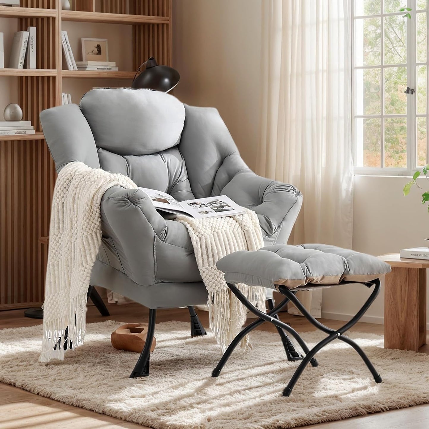 Lazy Chair with Ottoman, Large Modern Lounge Accent Chair with Armrests and Footrest, Reading Armchair with Ottoman, Leisure Sofa Chair for Living Room, Bedroom, Dorm Room (Light Grey)