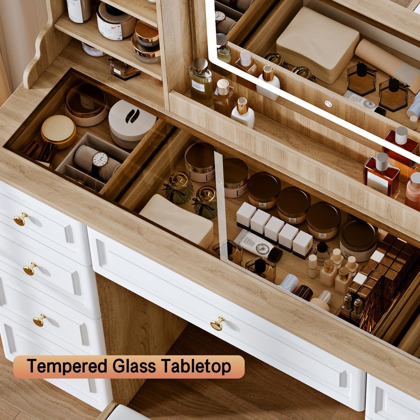 43" Makeup Vanity Desk with Mirror and Lights, & Power Outl, Glass Top Big Vanity Table with 9 Drawers& 8 Storage Shelves, Dressing Table Set with Chair for Bedroom, White+Oak