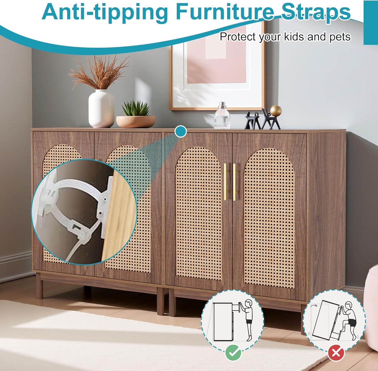 59" Sideboard Buffet Cabinet with Storage, Rattan Kitchen Buffet Storage Cabinet Set of 2, Modern Sideboard with Doors & Shelves for Living Room, Kitchen, Hallway, Dark Brown