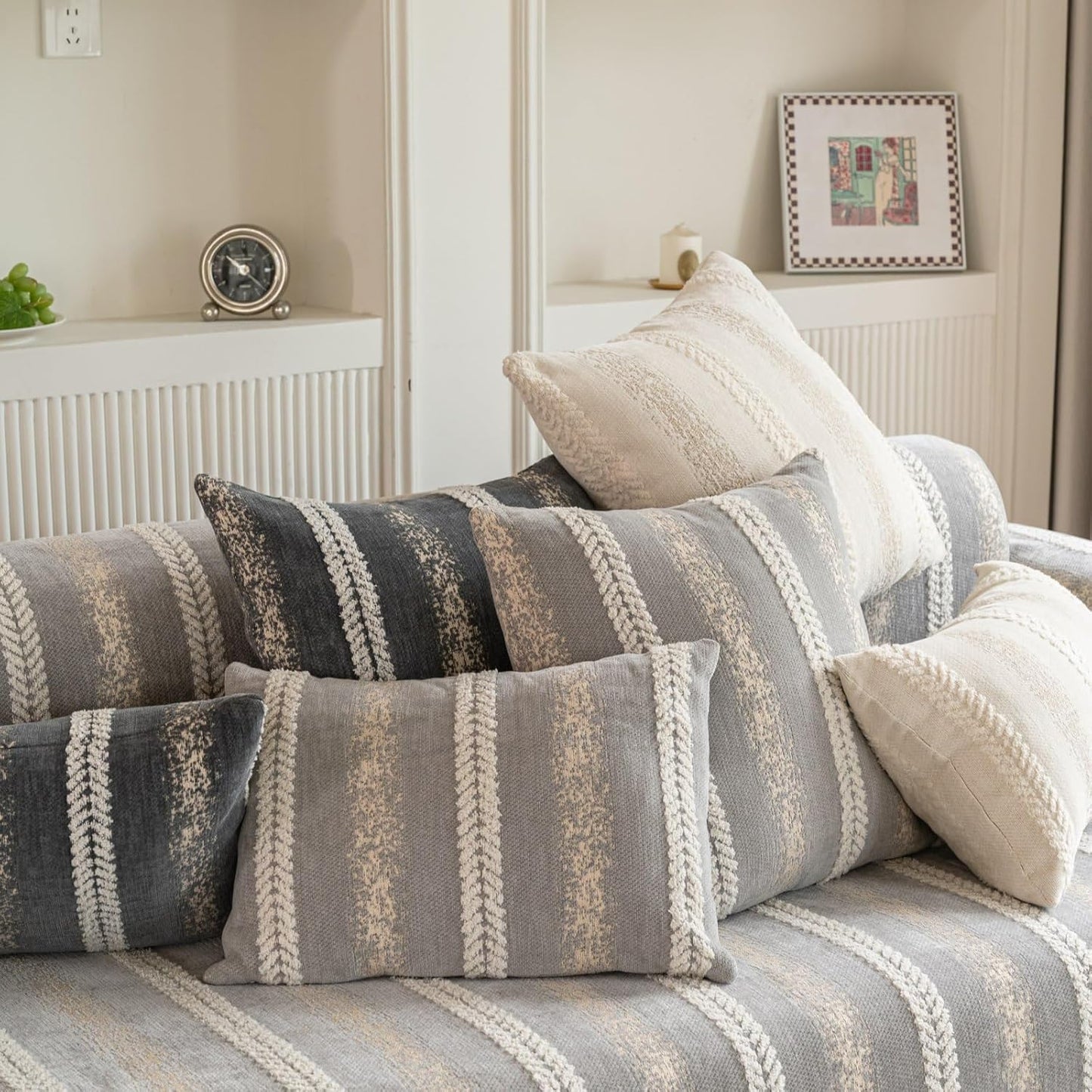 Pack of 1 Decorative Throw Pillow Covers 12x20 Inch, Pillow Cases for Living Room Couch Bedroom Farmhouse Home Decor, Soft Stripe Chenille Cushion Covers for Sofa Beige,12''x20''