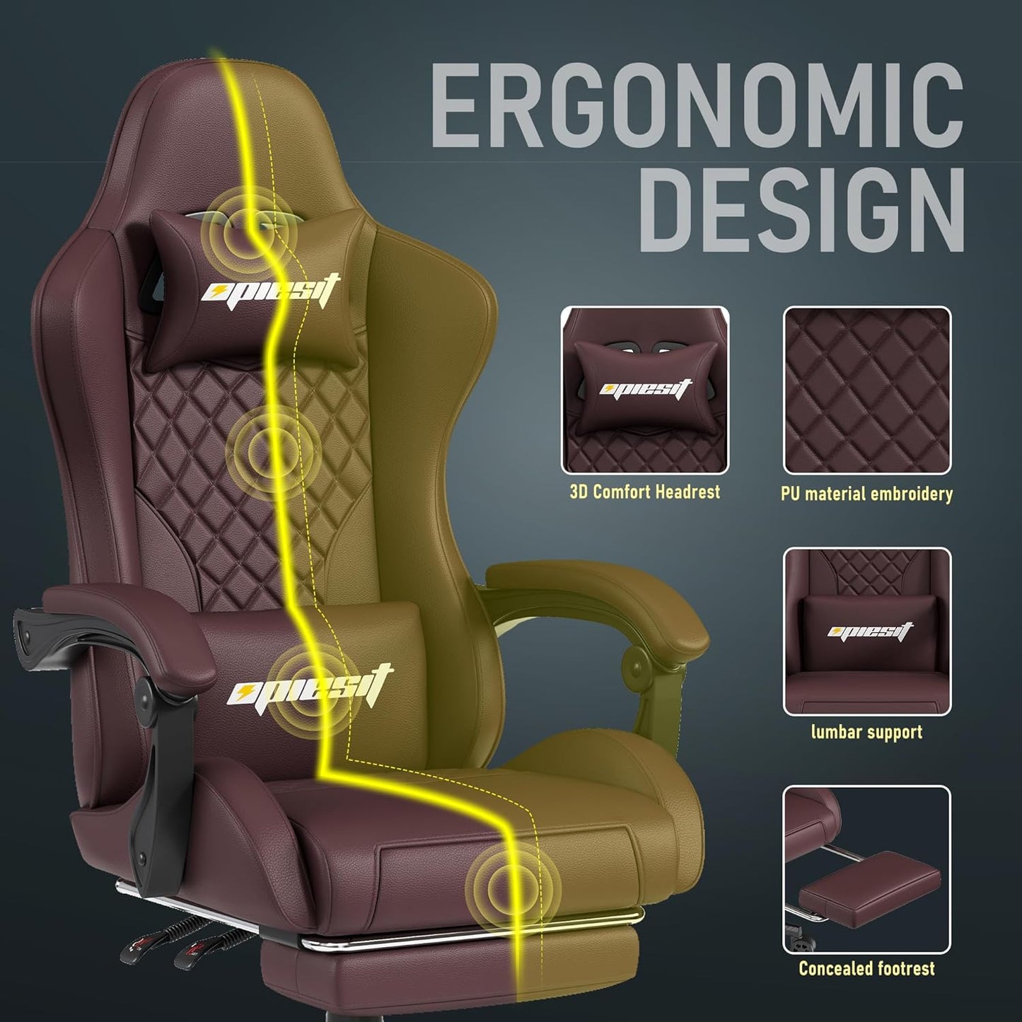 Gaming Chair Office Chair with Footrest, Height Adjustable, Ergonomic Computer Chairs with Pocket Spring Cushion, PU Leather,Video Game Chair 360° Swive,(PU-Brown)
