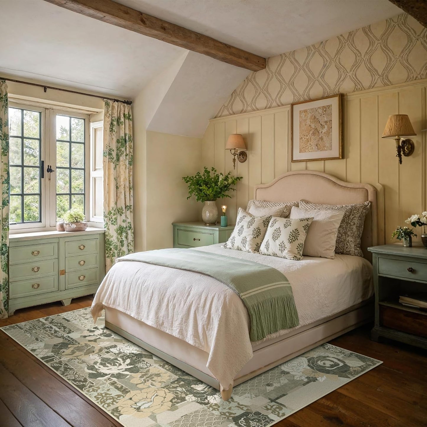 GENIMO 5X7 Floral Area Rugs for Living Room, Machine Washable Non Slip Vintage Patchwork Washable Rug, Ultra-Thin Low Pile Chenille Rugs for Bedroom, Dining Room, Taupe Gray