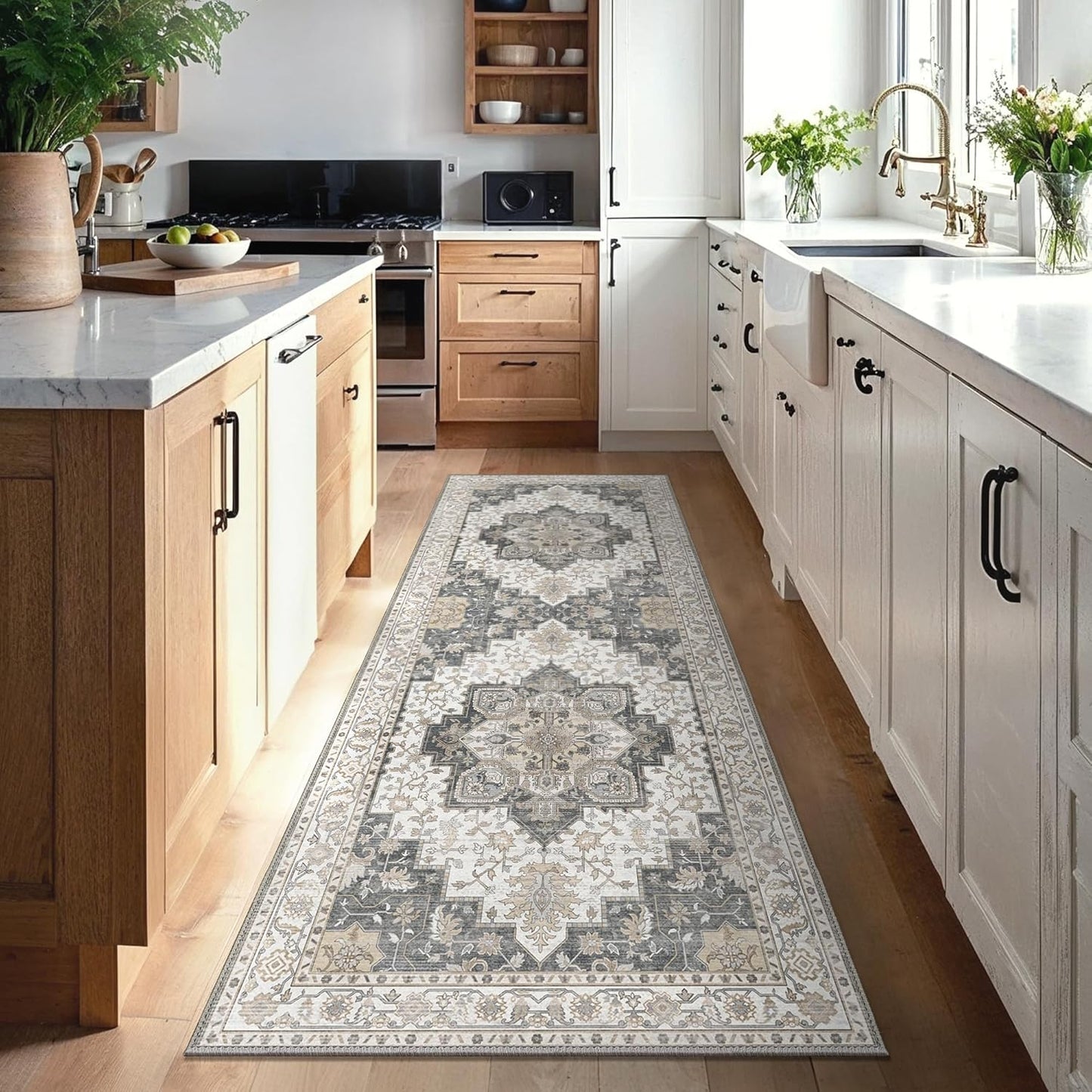 GENIMO 2'6''x10 Runner Rugs for Hallway, Machine Washable Non Slip Vintage Rugs, Low Pile Lightweight Soft Print Rug for enrtyway, Corridor, Home Office, Kitchen, Heathered Grey