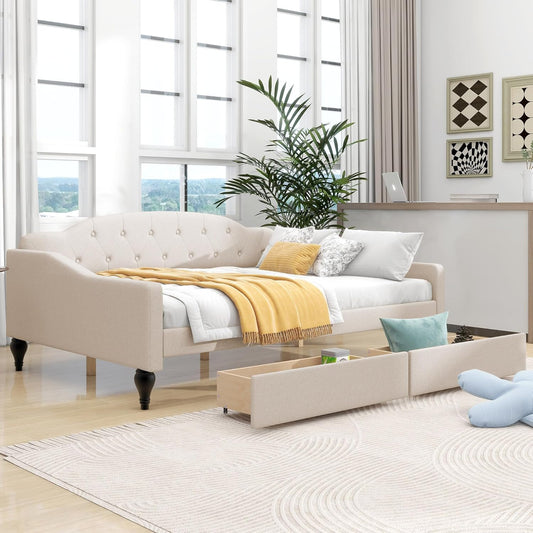 Full Size Upholstered Tufted Daybed with Two Storage Drawers,Linen Sofa Bed,Easy Assemble & No Box Spring Needed,Perfect for Small Space,Bedroom,Livingroom,Guest Room, Beige