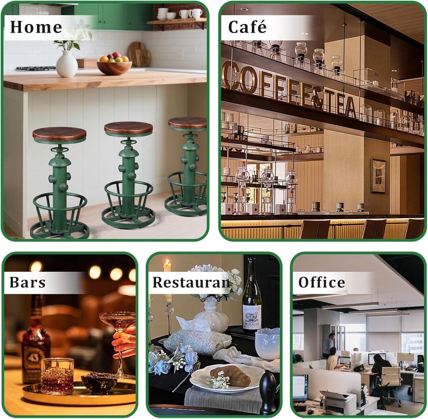 Topower Antique Industrial Round Bottom Adjustable Height Cafe Coffee Retro Vintage Stylish Water Pipe Design Pub Kitchen Bar Stool (Antique Green, Wooden Top)