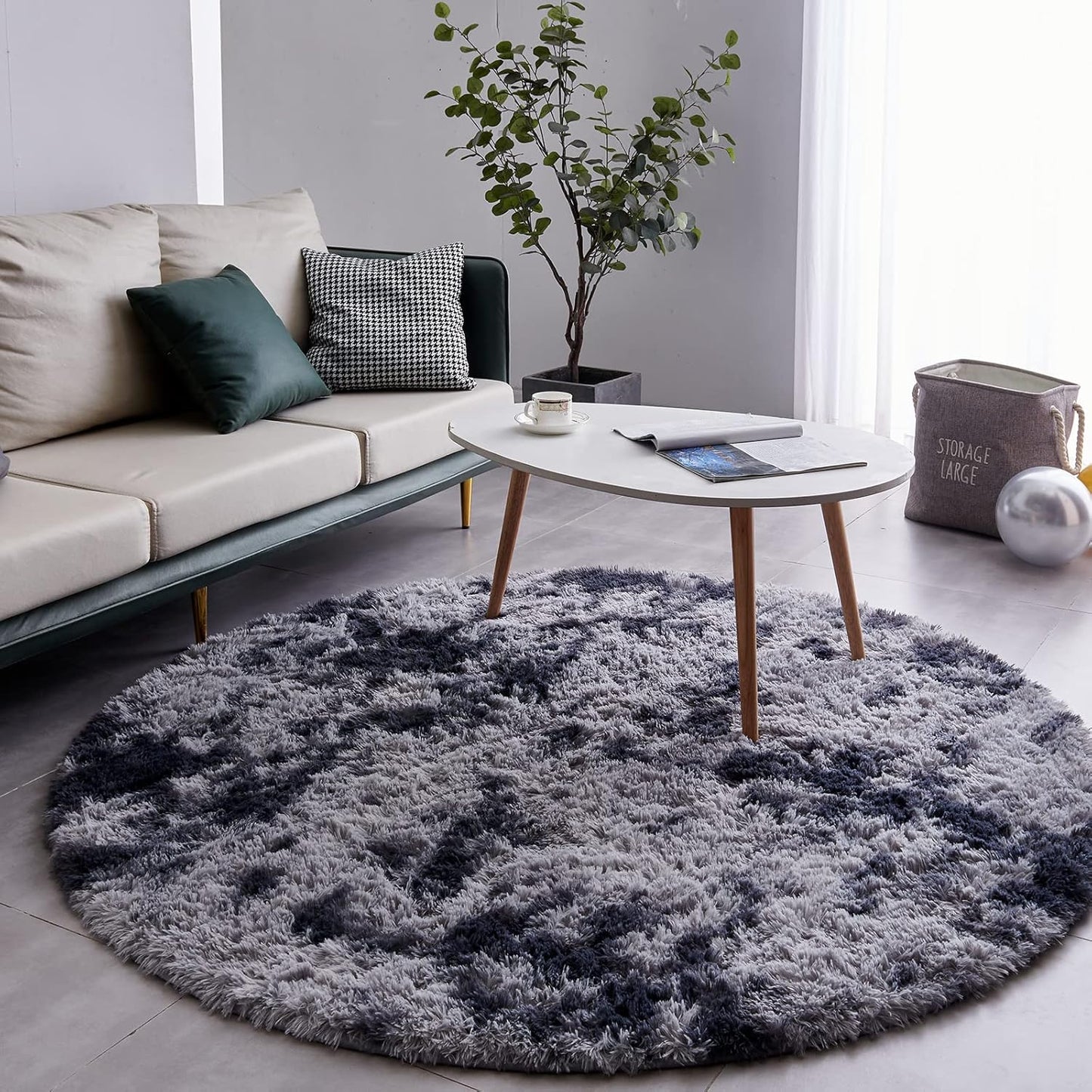 FJZFING Tie-Dyed Dark Grey Round Rug Ultra-Soft Plush Modern 5x5 Circle Area Rug for Kid's Bedroom, Fluffy Shag Circular Rug for Nursery Room, Non-Slip Tie-Dyed Dark Grey Rug for Teen's Room