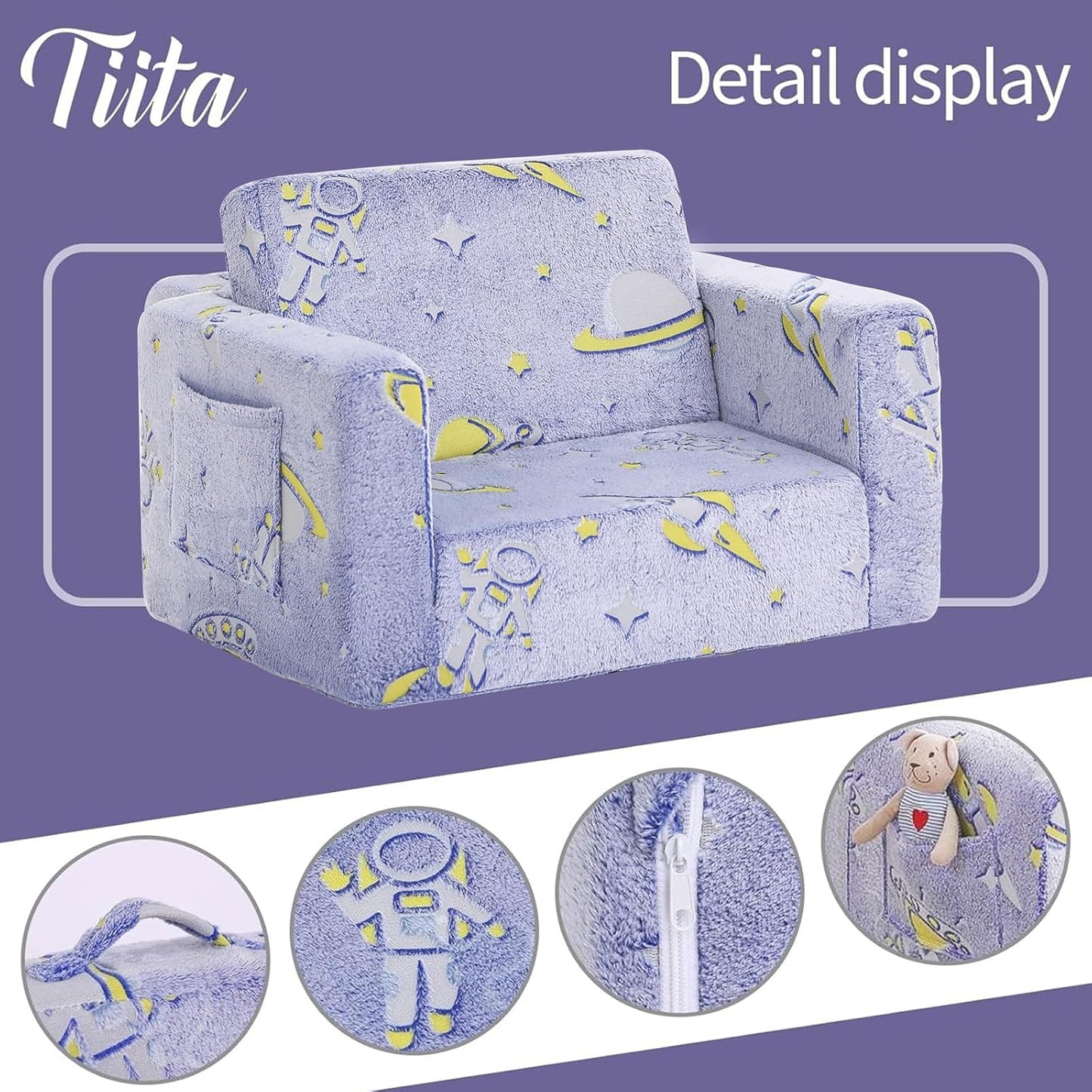 Tiita Kids Sofa, 2-in-1 Toddler Chair, Convertible Children Couch to Lounger, Flip Out Kid Sofas Chair, Toddler Armrest Chairs Bed, Folding Kids Play Sofa for Girl or Boy (Blue Astronauts)