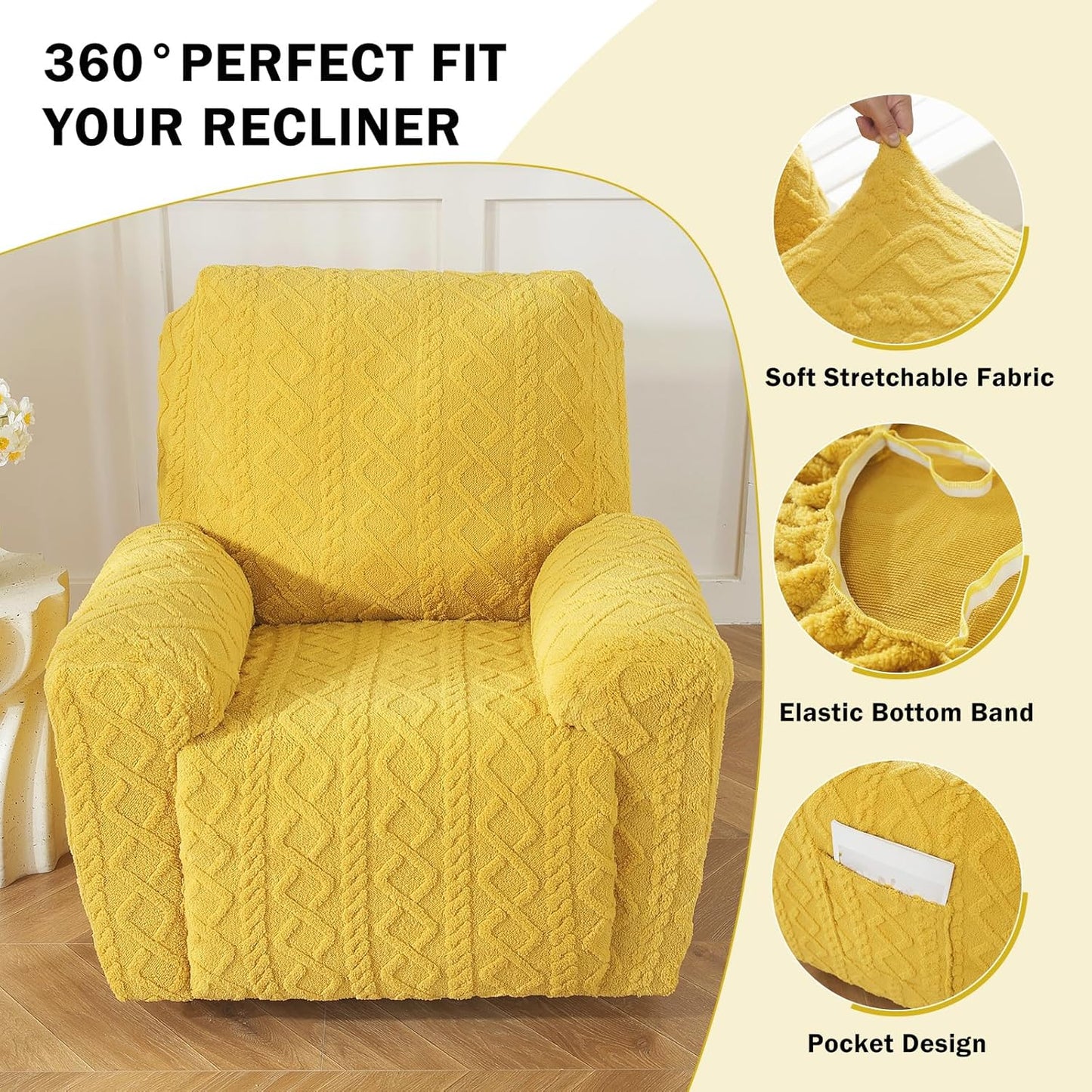 vctops 4 Pieces Geometric Jacquard Plush Recliner Slipcovers Soft Fuzzy Fluffy Sofa Couch Cover Anti-Slip Furniture Protector with Elastic Bottom for Kids Cats Dogs(Yellow,1 Seat)