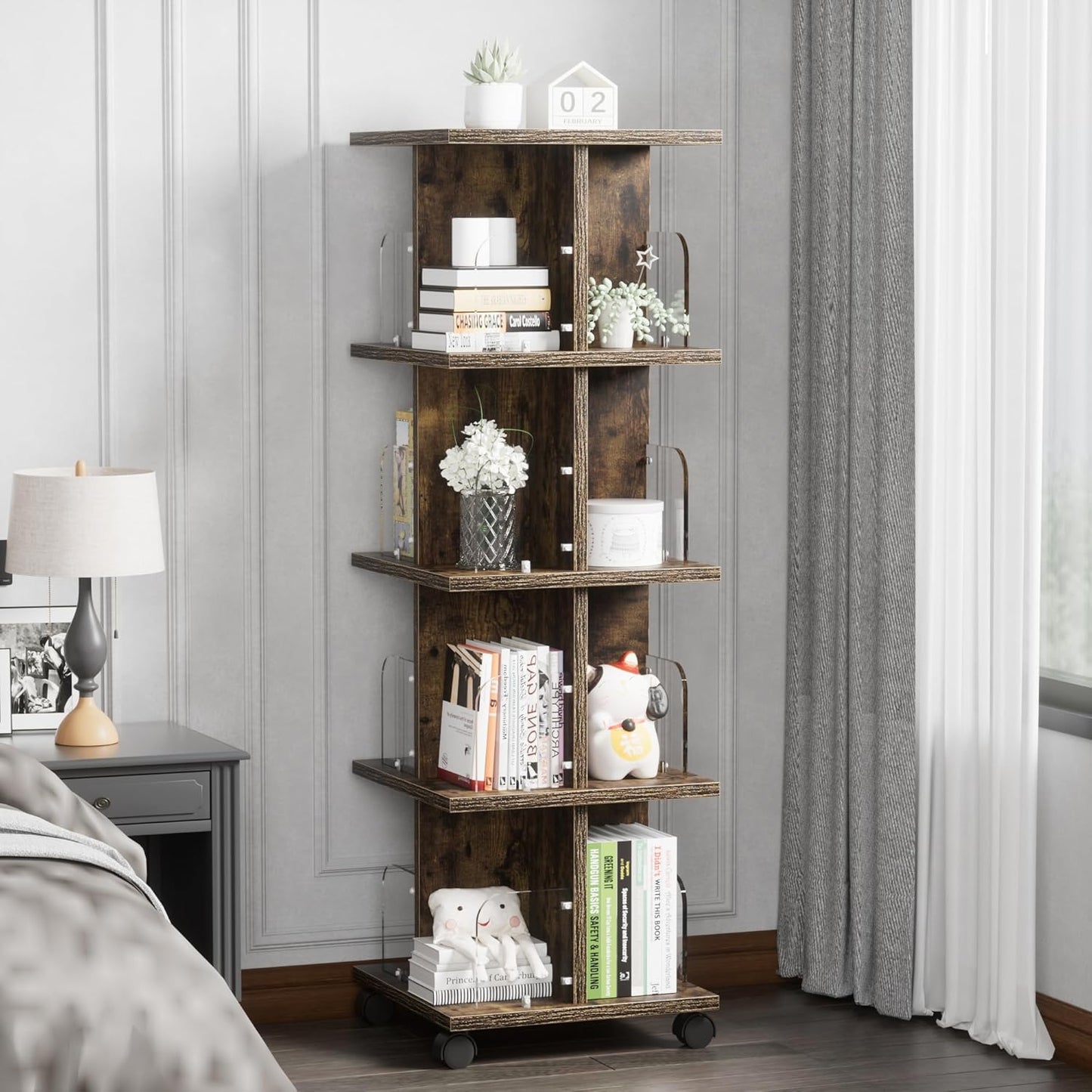 VECELO Rotating Bookshelf with Brake Wheels, 360°Display 4 Tier Floor Stackable Spinning-Bookshelf Tower for Kids&Adults, Revolving Bookcase for Small Space,Corner(Brown)