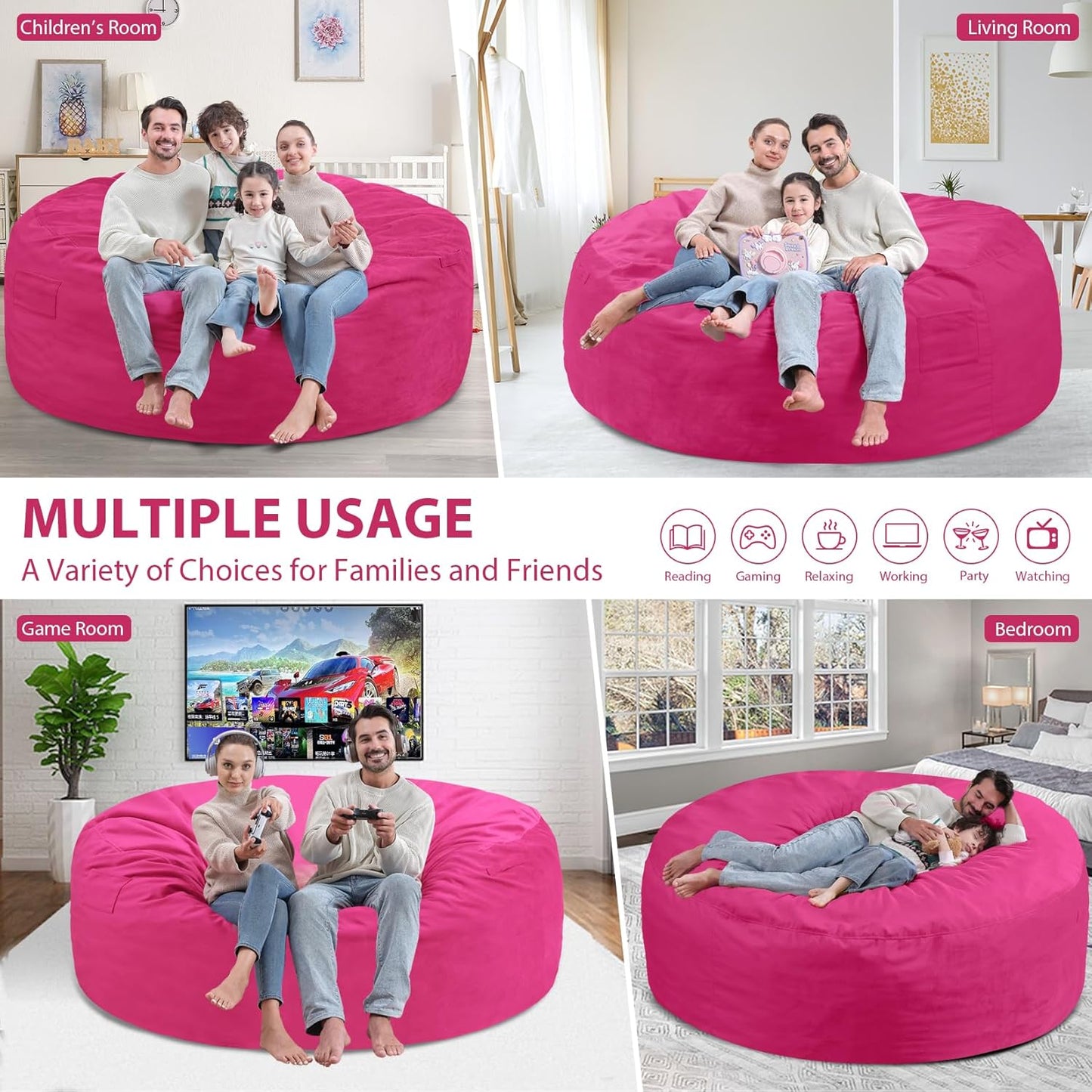 6FT Bean Bag Chair, Large Bean Bag Chairs with Memory Foam Filled, Fluffy Beanbag Sofa with Dutch Velvet Cover, Round BeanBag Chairs for Living Room, Playroom - Pink