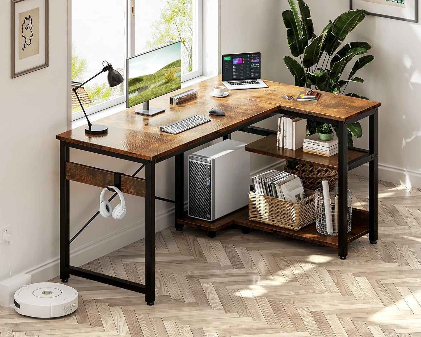 Casaottima L Shaped Computer Desk, 40 Inch Small Corner Desk with Storage Shelves & PC Stand, Reversible Gaming Desk for Bedroom, Modern Writing Study Table for Home Office, Vintage