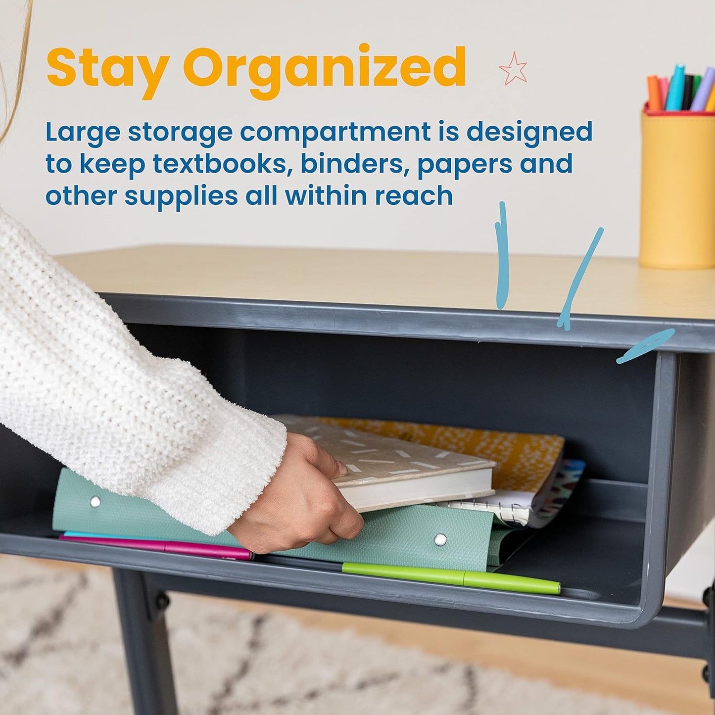 ECR4Kids Cave Open Front Desk with Plastic Book Box, Classroom Furniture, Maple/Black