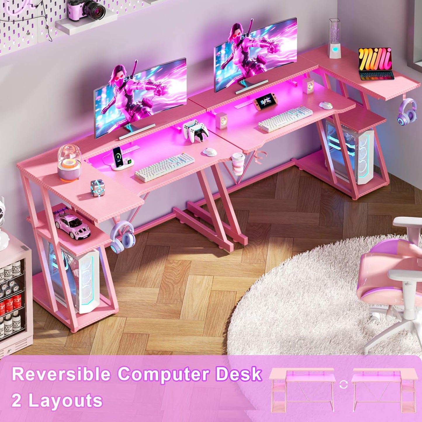 40 Inch Pink Gaming Desk with Power Outlet & LED Lights, Corner Computer Desk with 3 Tiers Storage Shelves, L Shaped Gaming Desk with Monitor Stand for Bedroom