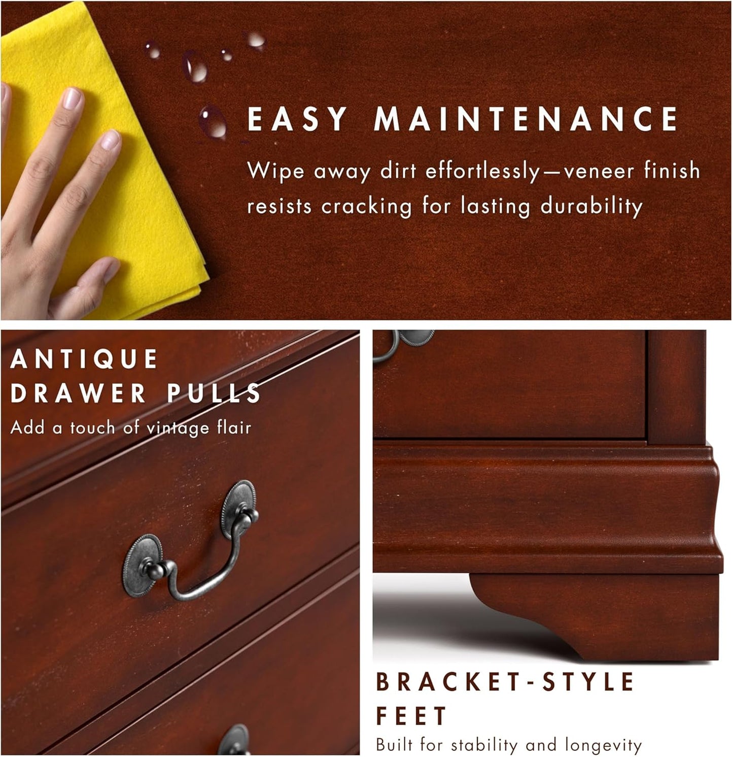 Furniture of America Arabella Traditional Solid Wood Nightstands Set of 2, Bedside Table with Drawers and Antique Nickle Handles, No Assembly Wooden Night Stands for Bedrooms, Guest Room, Dorm, Cherry