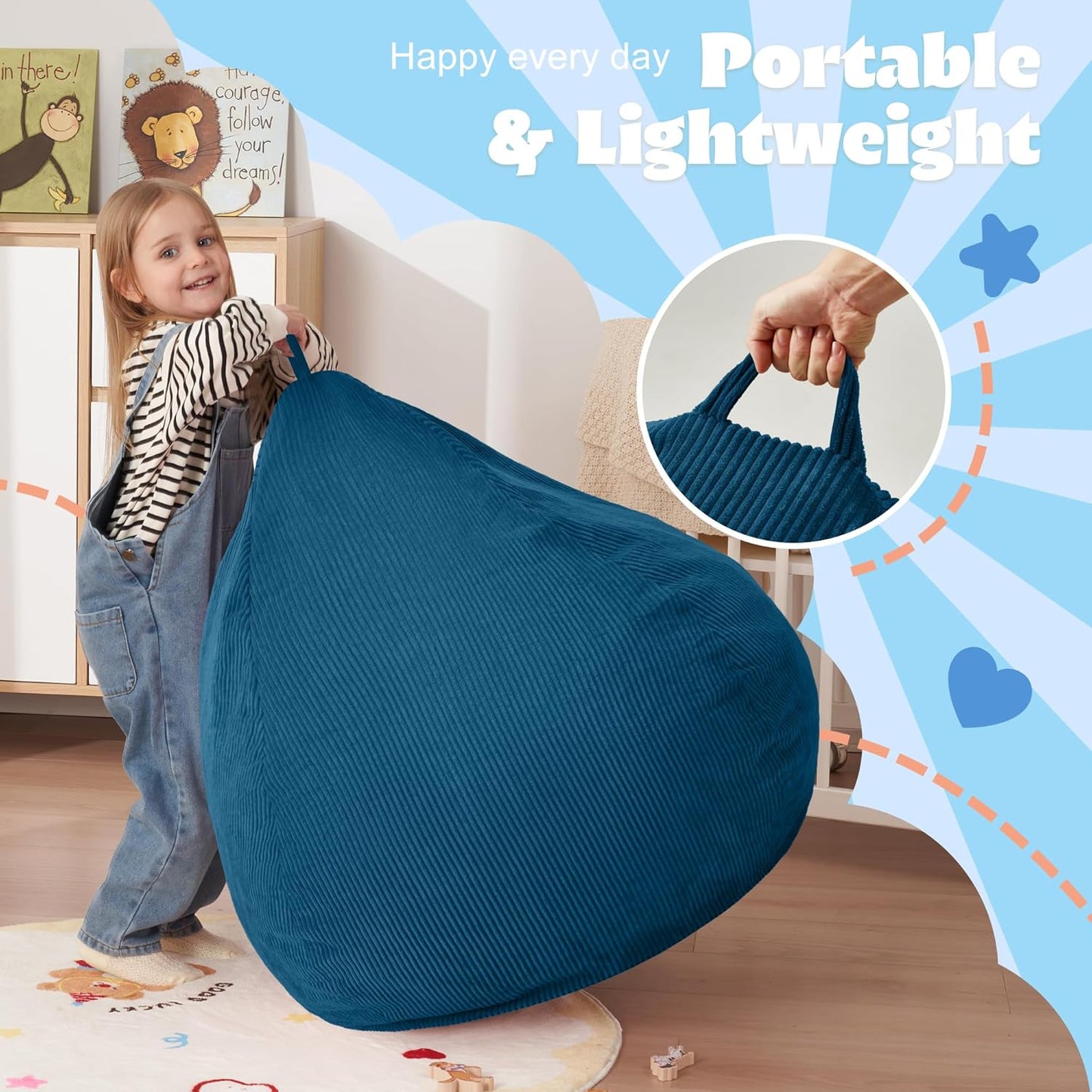 HABUTWAY 2 FT Bean Bag Chair,Giant Bean Bag Chairs,Big Bean Bags with Memory Foam Filled, Large Beanbag Chairs with Soft Corduroy Cover-Dark Blue