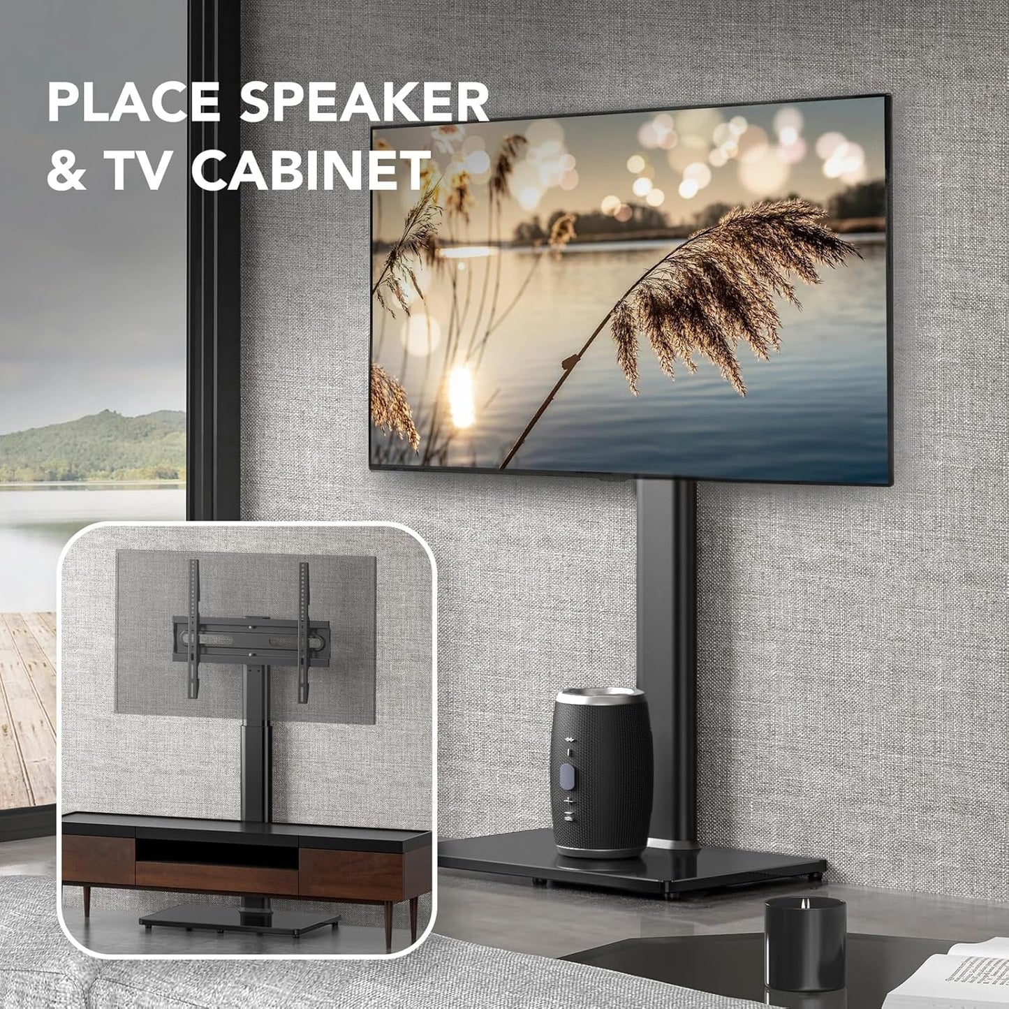 AX WABER Universal Floor TV Stand with Mount 70 Degree Swivel 9 Level Height Adjustable and Space Saving Design for Most 27 to 65 inch LCD, LED OLED TVs, Perfect for Corner & Bedroom AX1006TB