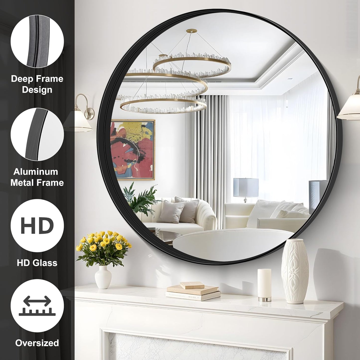 Black Round Mirror 42 inch Deep Frame Circle Mirror, Metal Frame Round Bathroom Mirror, Circle Mirrors for Wall Entryway Washroom Bedroom Living Room Hallway