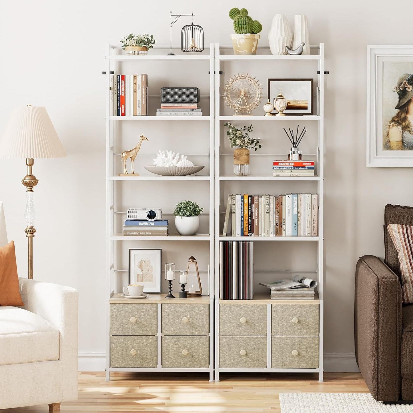 5 Tier Bookshelf, Modern Bookcase with Bookends and 4 Drawers Storage Organizer, Metal Industrial Display Shelf, Free Standing Storage Shelving Unit for Bedroom, Living Room and Home Office