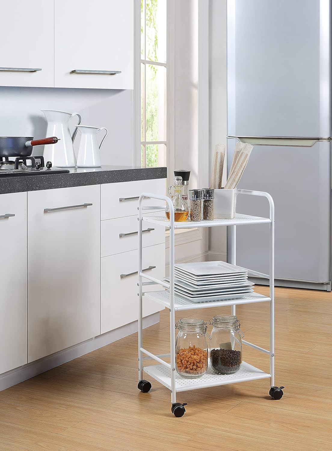 SunnyPoint 3-Tier Rolling Utility Cart – Metal Storage Organizer with Wheels, Mobile Kitchen Cart, Office & Home Organizer, White, 12" D x 16.92" W x 31.1" H