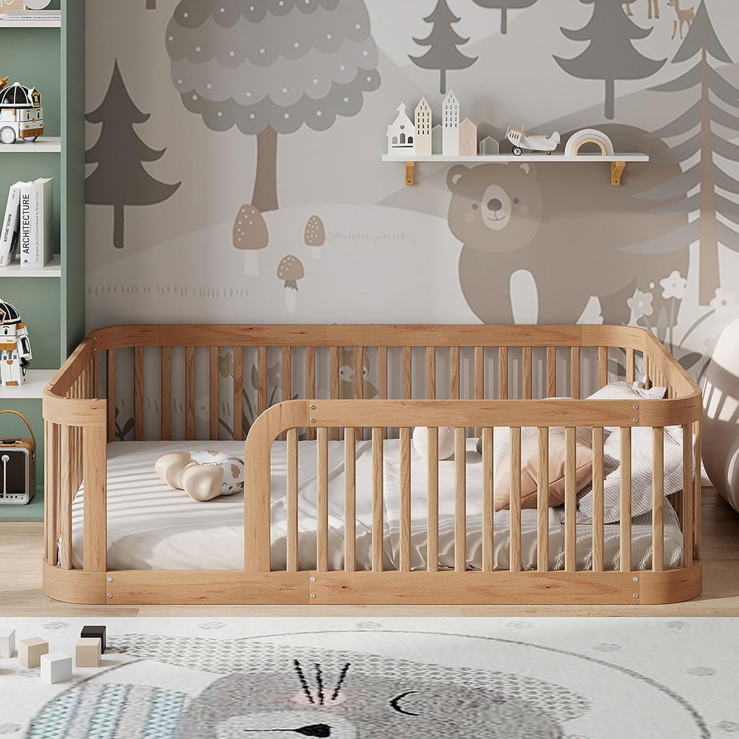 Full Floor Bed with High Fence and Rounded Corner Design, Montessori Floor Bed Frame with Guardrail and Entrance, Easy Assemble Montessori Beds Full Size, Natural